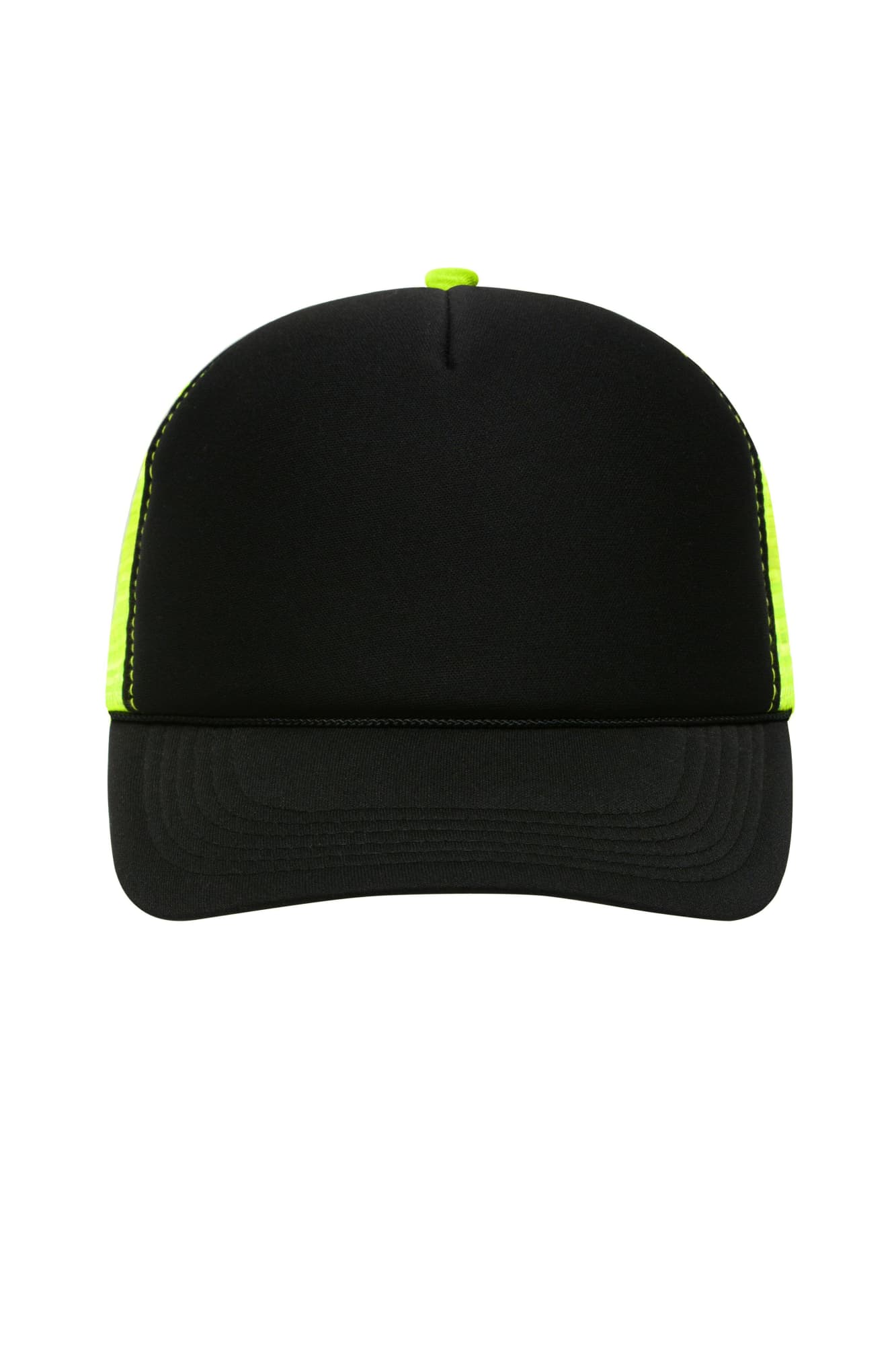 A black trucker cap with bright yellow mesh sides and a curved brim. Features a logo on the front. 5 Panel Retro Mesh Trucker - Image 1