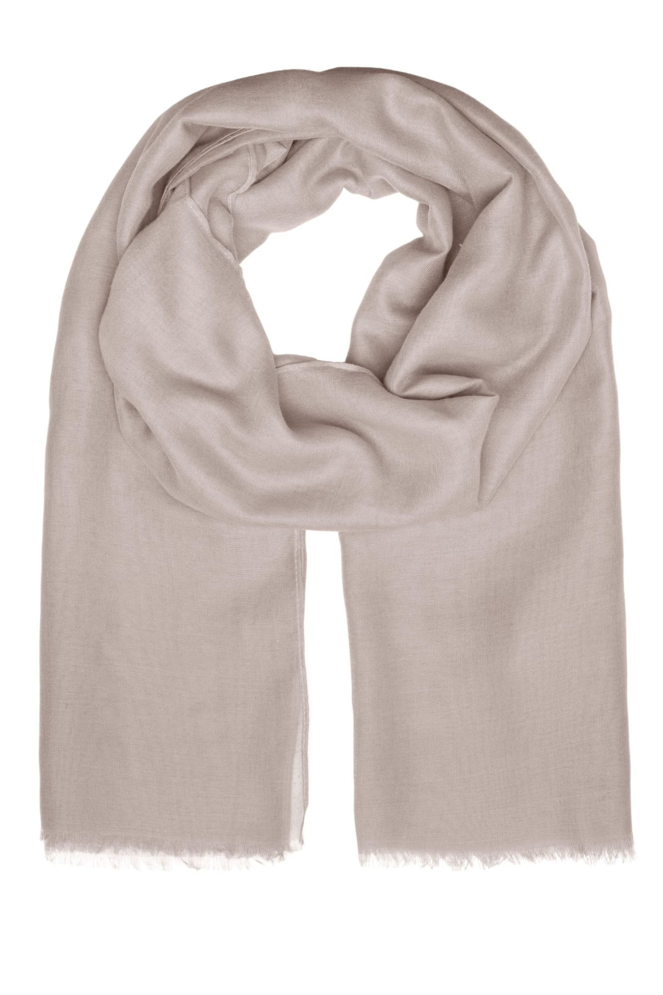 A soft, beige scarf with a light, airy texture, featuring frayed edges. It includes a logo. Summer Breeze - Image 1