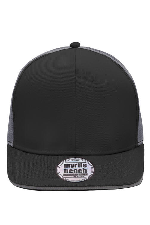 A black trucker cap with grey mesh panels and a logo on the front. Pro Cap Mesh 6 Panel Trucker - Image 1