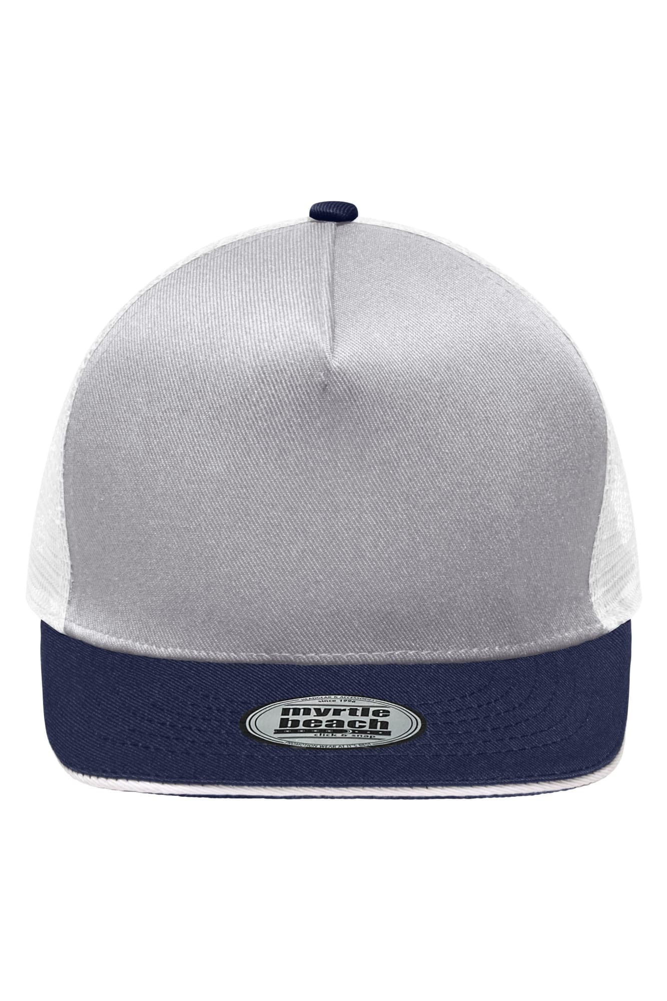 A grey and navy five-panel trucker cap featuring a mesh back and a logo at the front. Pro Cap Mesh 5 Panel Trucker - Image 1