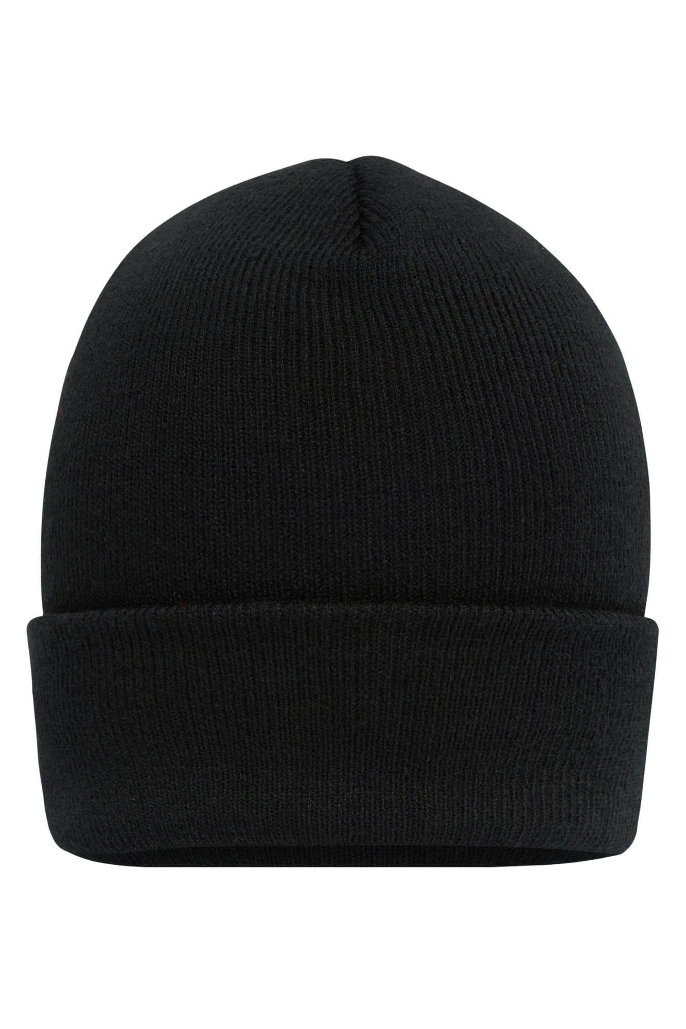 A high brim beanie in solid black, featuring a knitted texture and a folded cuff. Logo present. High Brim Beanie - Image 1