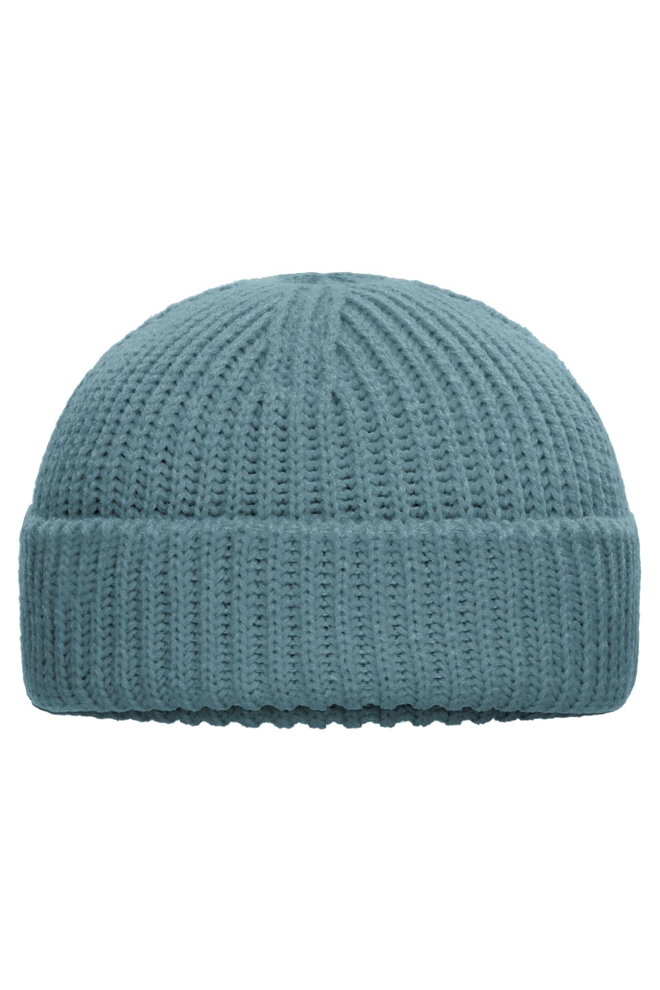 A blue knitted fisherman beanie with a textured ribbed design and a folded cuff. Fisherman Beanie - Image 1