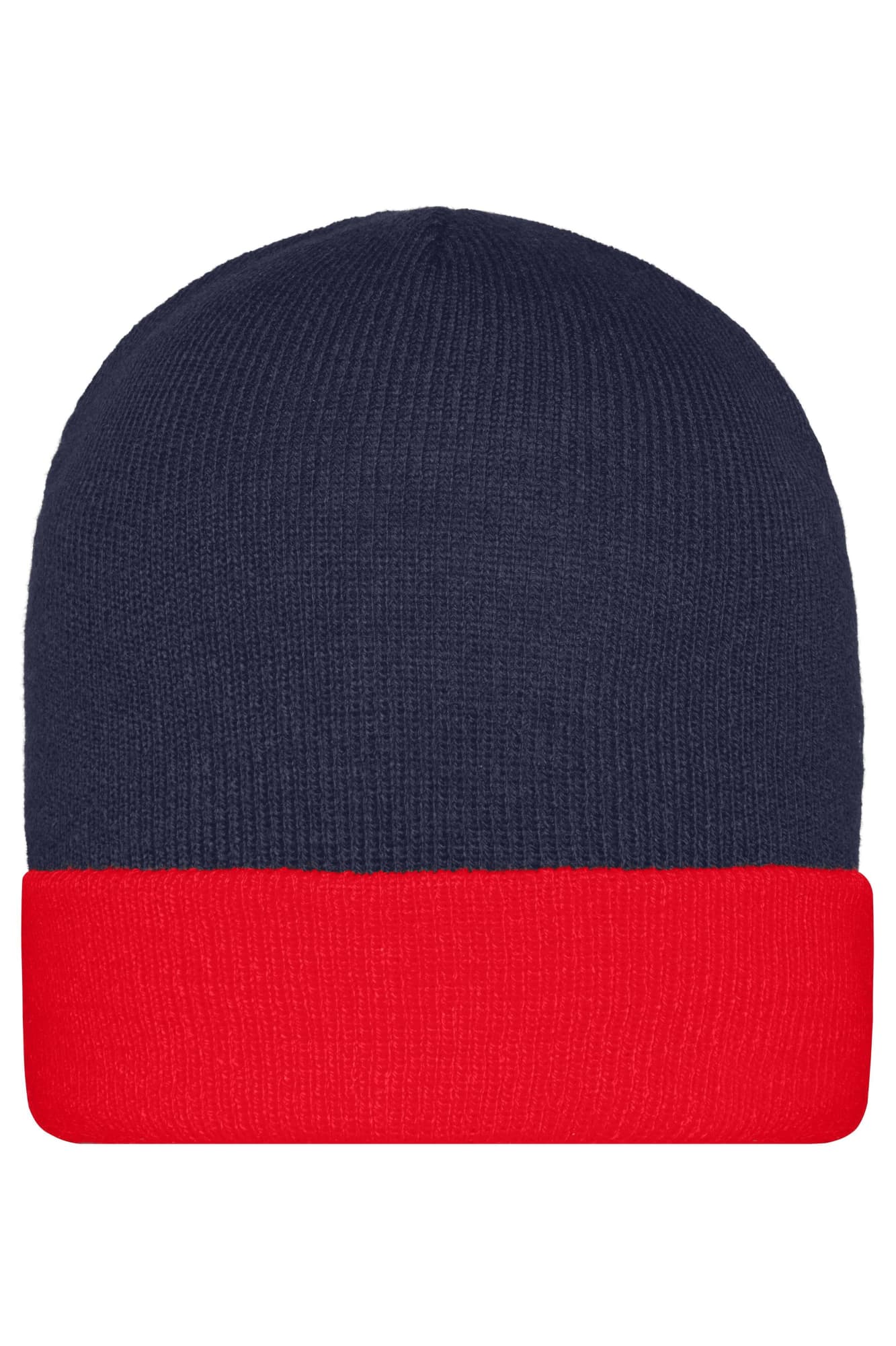 A knitted beanie featuring a navy blue top and a red cuff, with a logo on the side. Knitted Beanie - Image 1