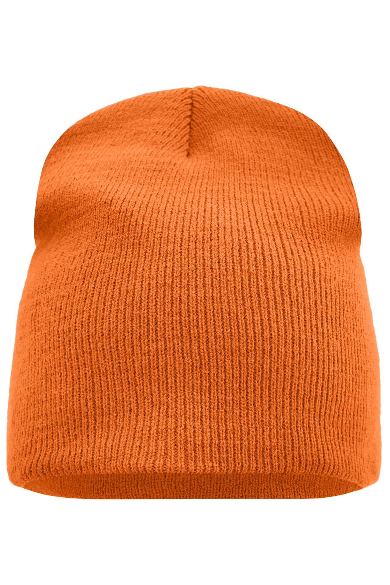 An orange knitted beanie with a simple, ribbed design and a slight slouch at the top. Beanie No.1 - Image 1