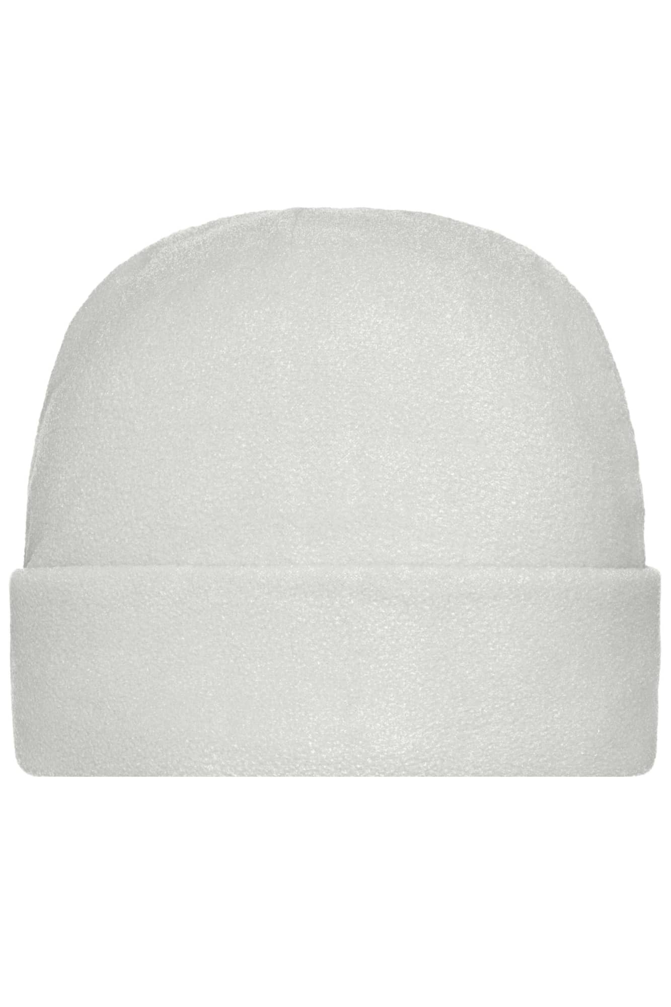 A microfleece cap in white with a folded brim, featuring a logo on the side. Microfleece Cap - Image 1
