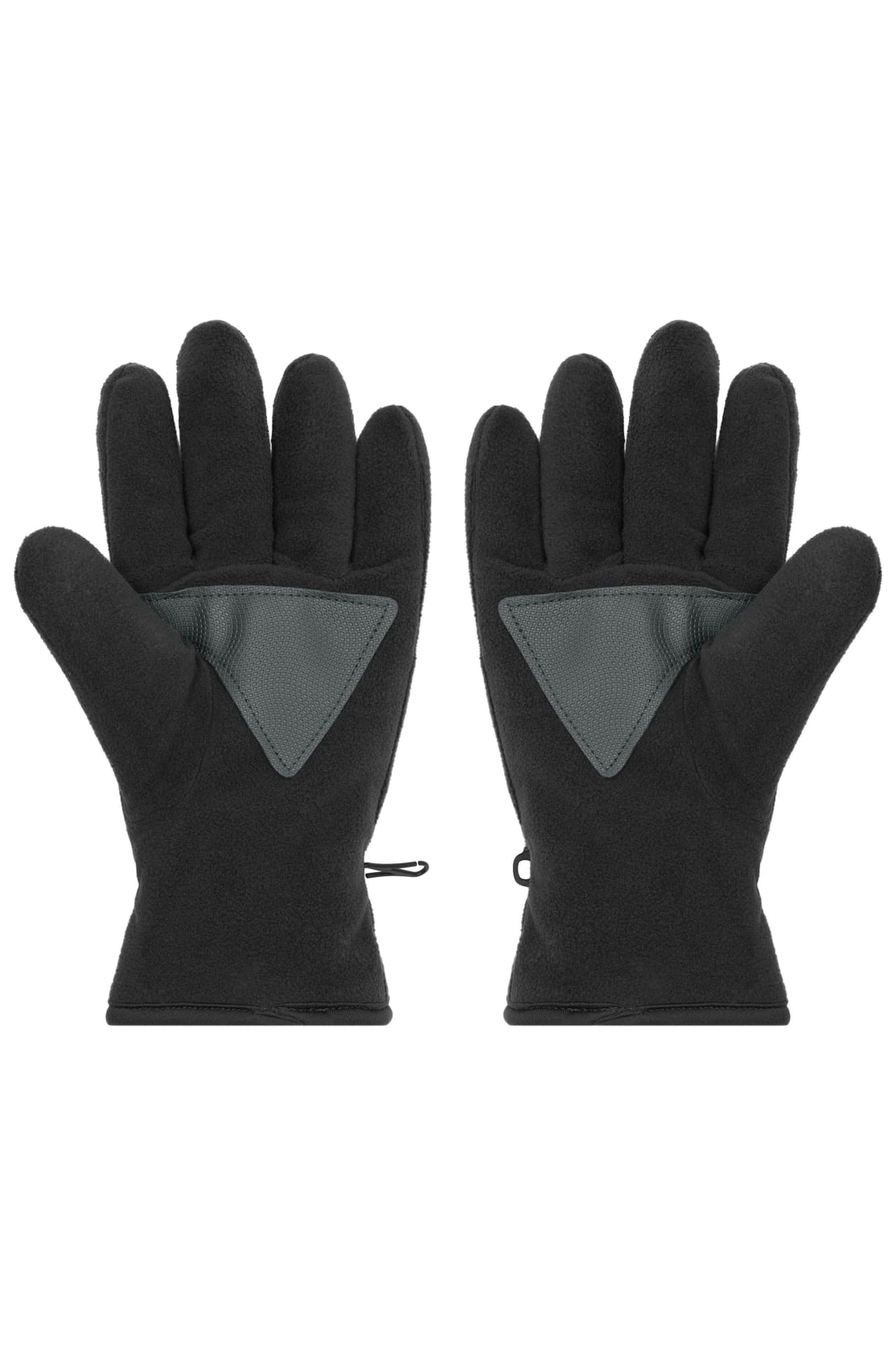 A pair of black Thinsulate™ fleece gloves with a triangular grey patch on the palms and elastic cuffs. Thinsulate™ Fleece Gloves - Image 1
