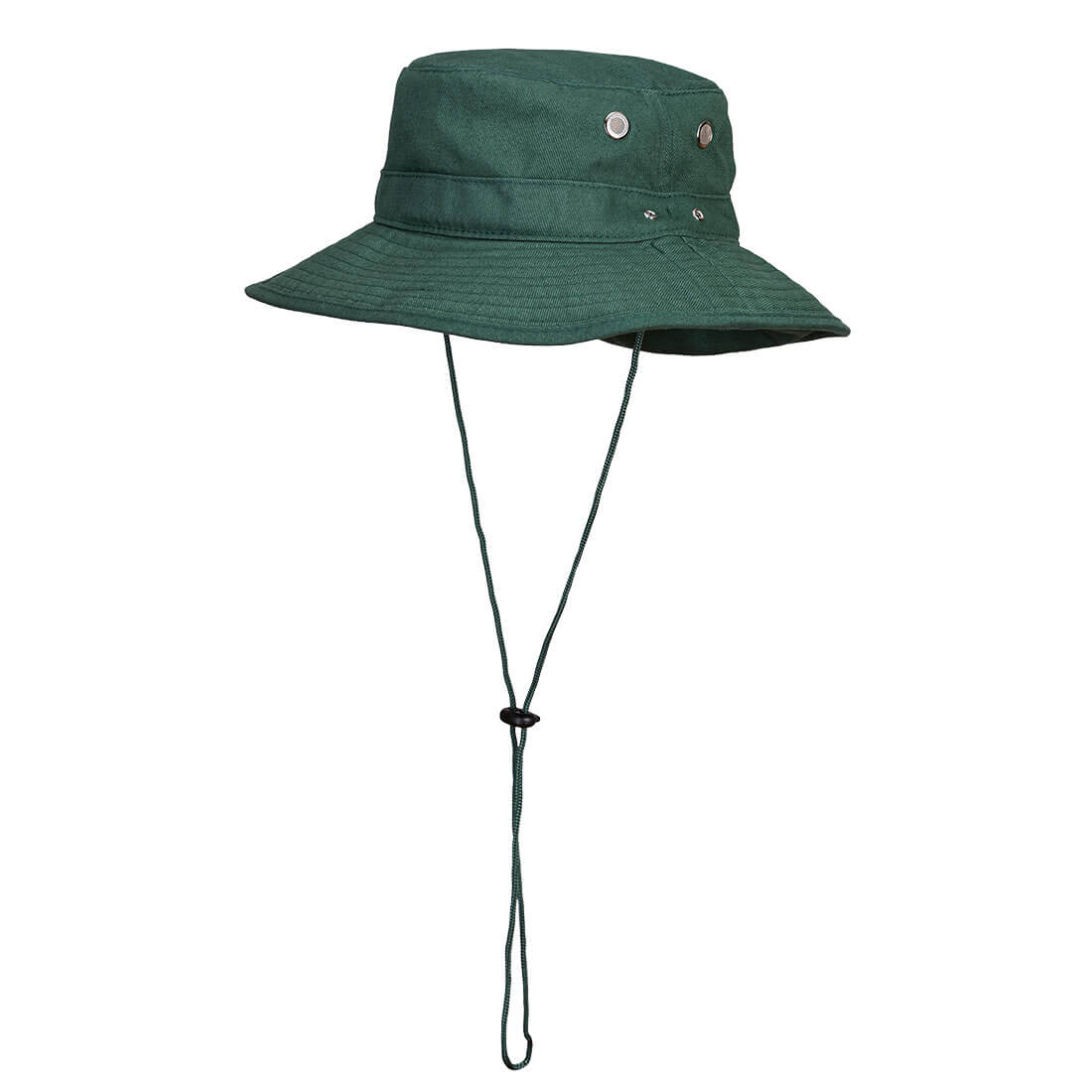 A green wide brim hat with eyelets and a chin strap for secure fit, featuring a simple design. Wide Brim Hat - Image 1