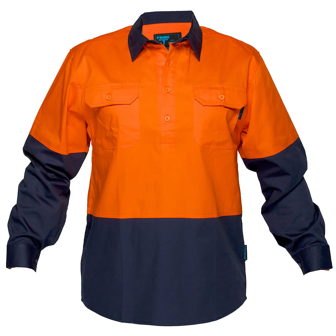 An orange and navy long-sleeve button-up shirt with a two-pocket design and branding. Canberra Hi-Vis Lightweight Contrast 1/2 Button Class D Shirt L/S - Image 1