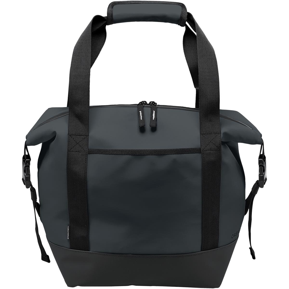 A dark green cooler bag with black handles and a zippered top, featuring a front pocket and a logo. Oasis 24 Pack Cooler - Image 1