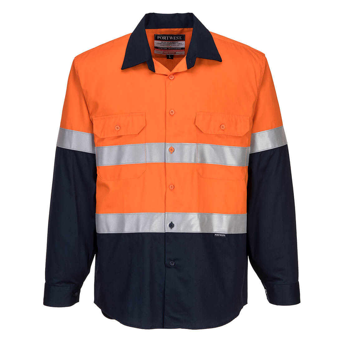 A long-sleeve work shirt in orange and navy with reflective stripes and a brand logo. Bizflame FR Class D/N Shirt - Image 1