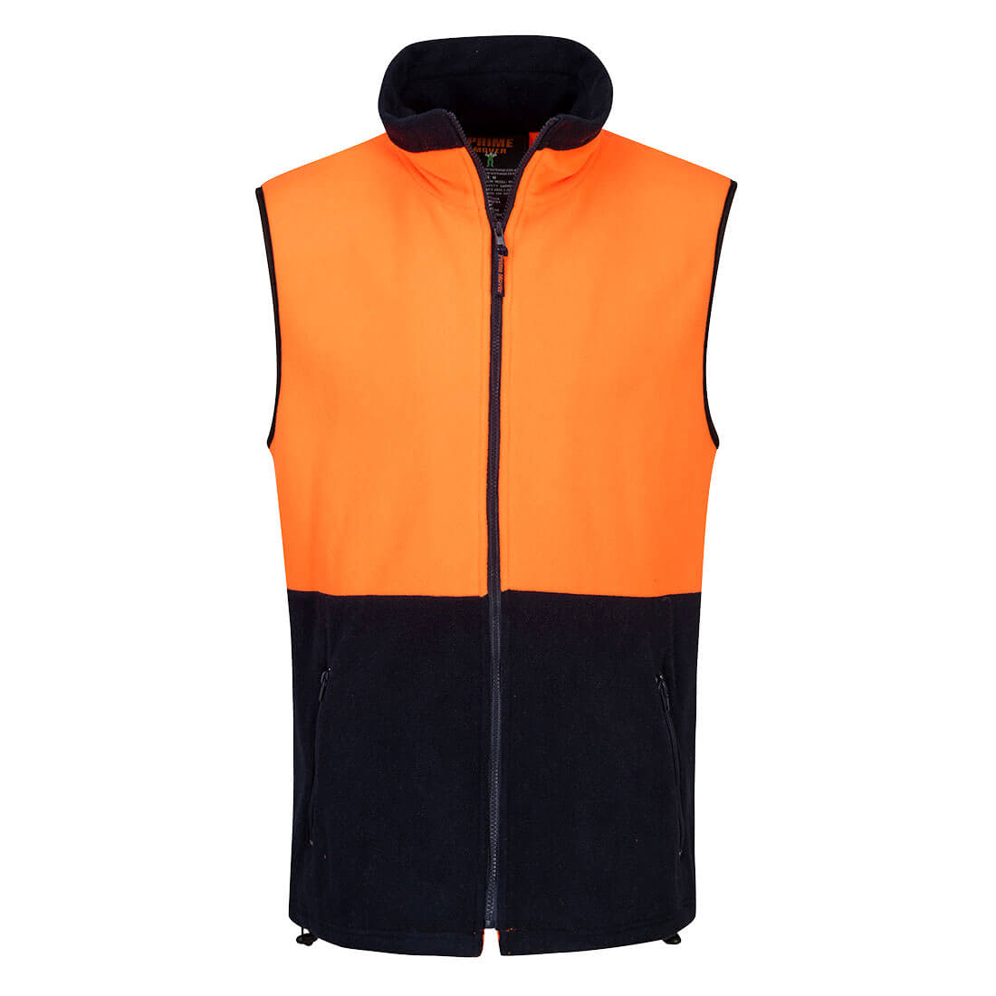 A polar fleece vest featuring a bright orange upper half and a navy lower half, with a zippered front and collar. Polar Fleece Vest - Image 1