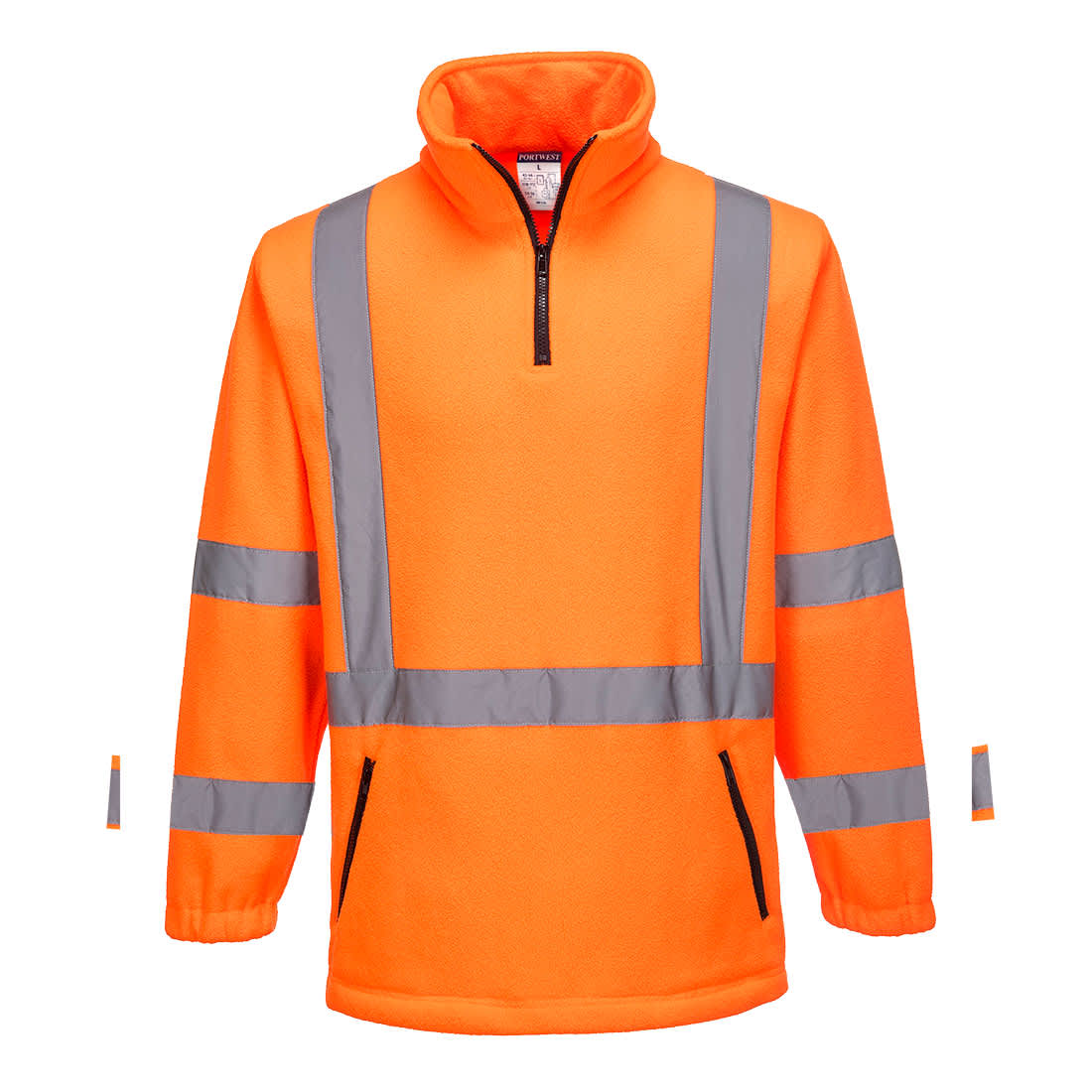 An orange fleece jumper featuring reflective stripes and a quarter zip design, with side pockets. Hi-Vis X Back 1/4 Zip Polar Fleece - Image 1