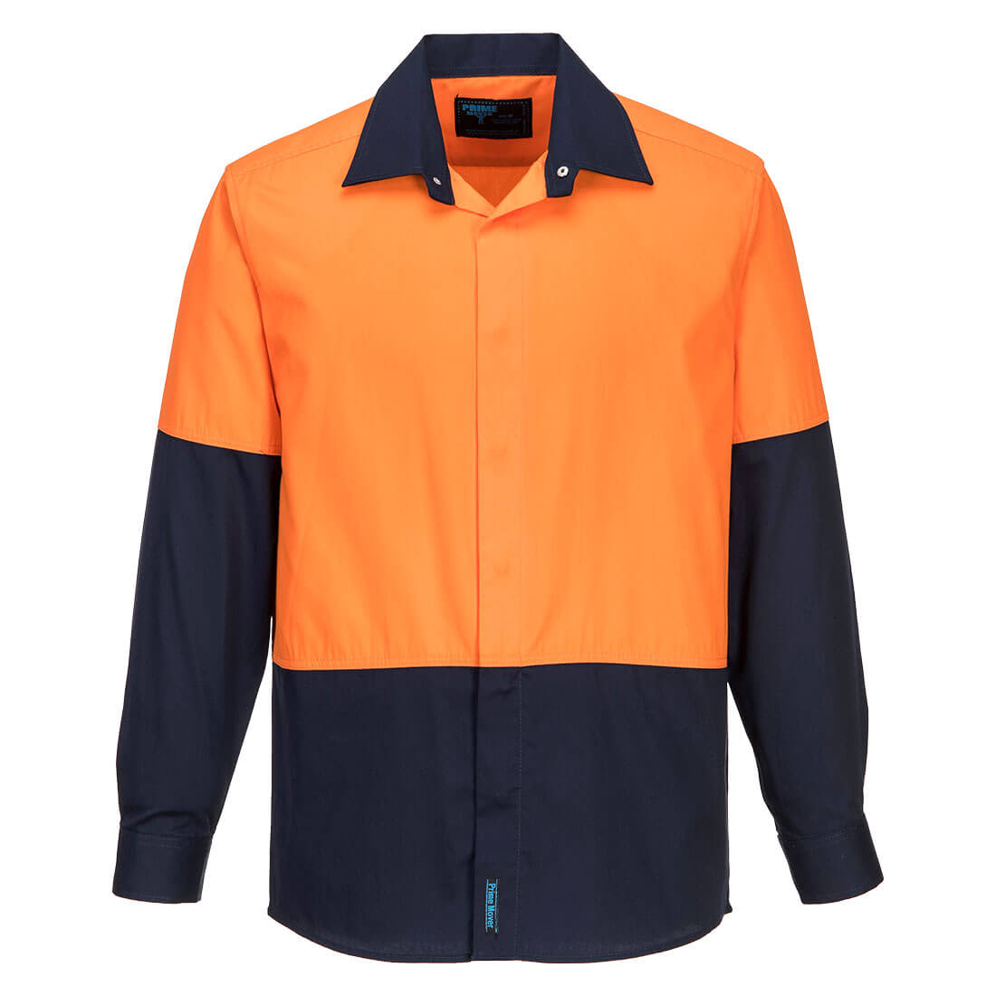 An orange and navy long-sleeve work shirt with a collar and button-up front, featuring a logo on the label. Westport Hi-Vis Lightweight Contrast Class D Shirt L/S - Image 1