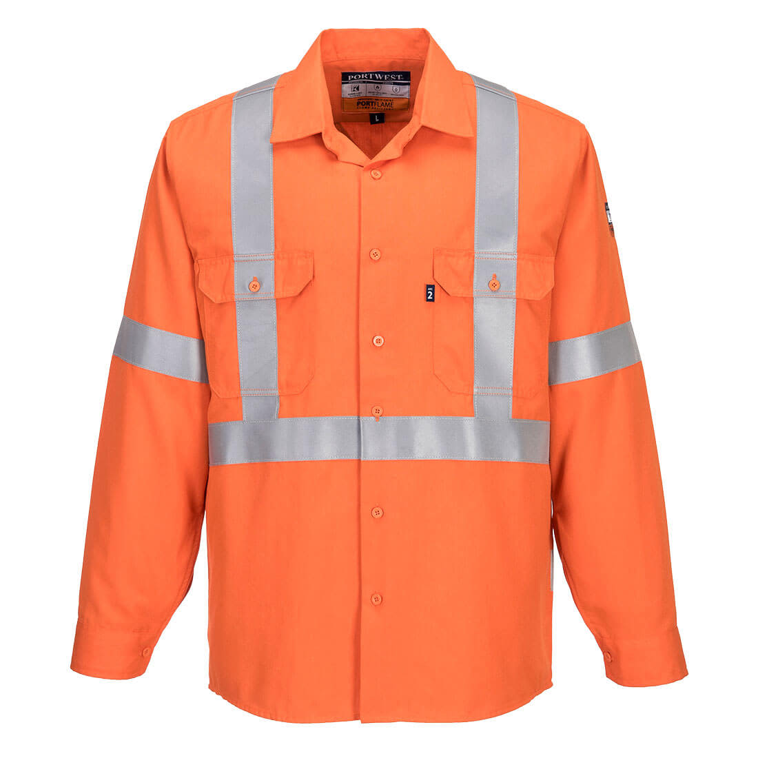 An orange flame resistant X-back shirt with silver reflective stripes and two chest pockets, featuring a branding logo. Portflame FR Class D/N X Back Shirt - Image 1