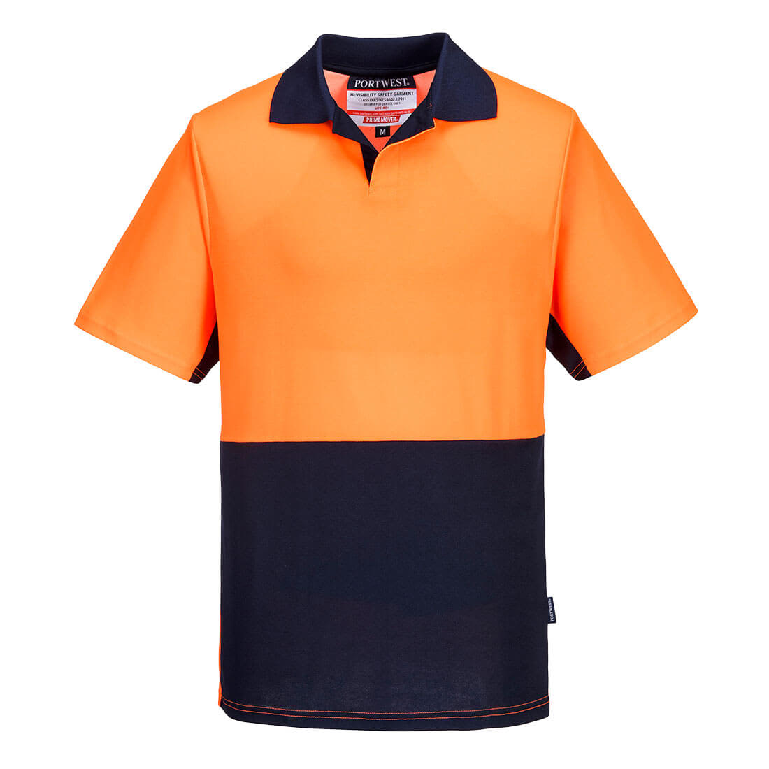 A bright orange and navy blue polo shirt with a collar, featuring a logo. Designed for workwear. Food Industry Cotton Comfort Polo Shirt S/S - Image 1