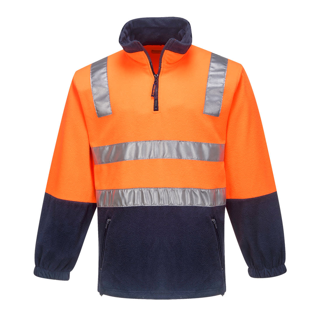 A polar fleece jumper in orange and navy, featuring reflective stripes and a zippered collar. Includes a logo. Hi-Vis Contrast 1/4 Zip Polar Fleece - Image 1