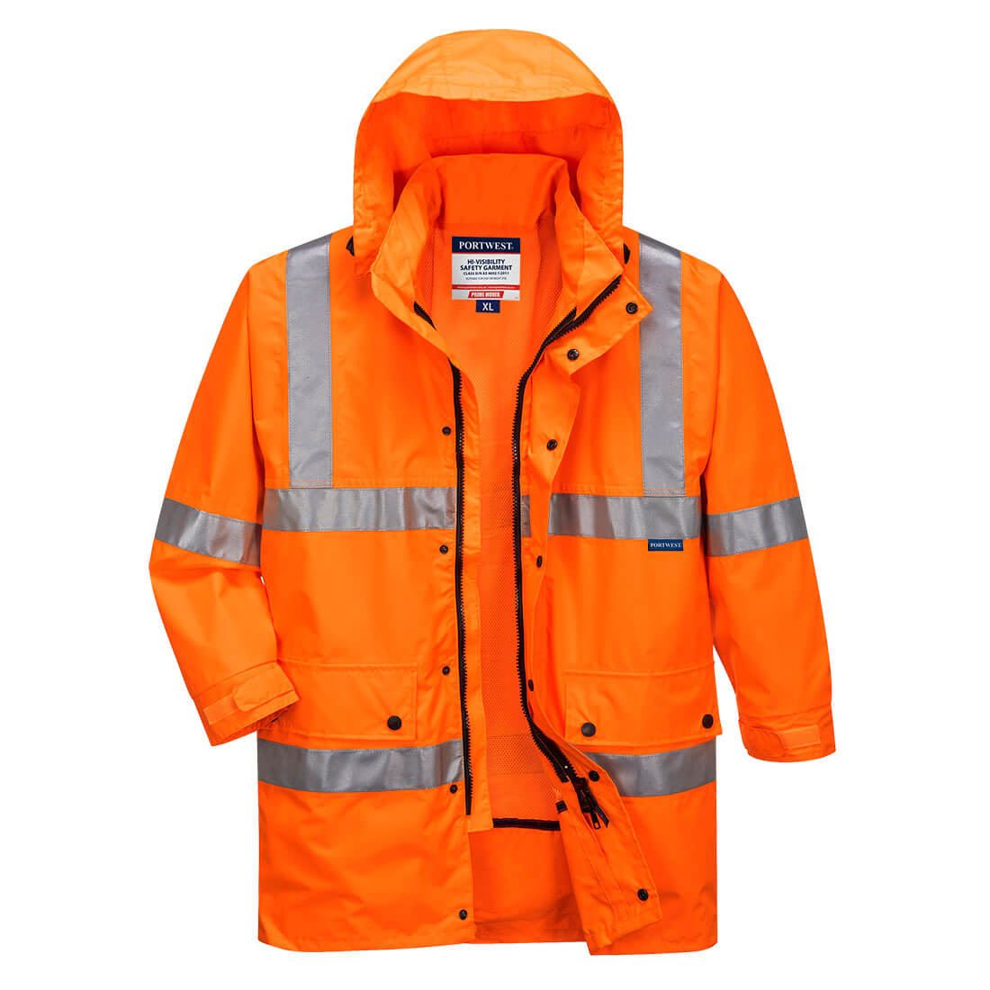 A bright orange rain jacket with reflective strips and a hood, featuring a logo on the chest. Argyle Hi-Vis Rain Traffic Jacket - Image 1