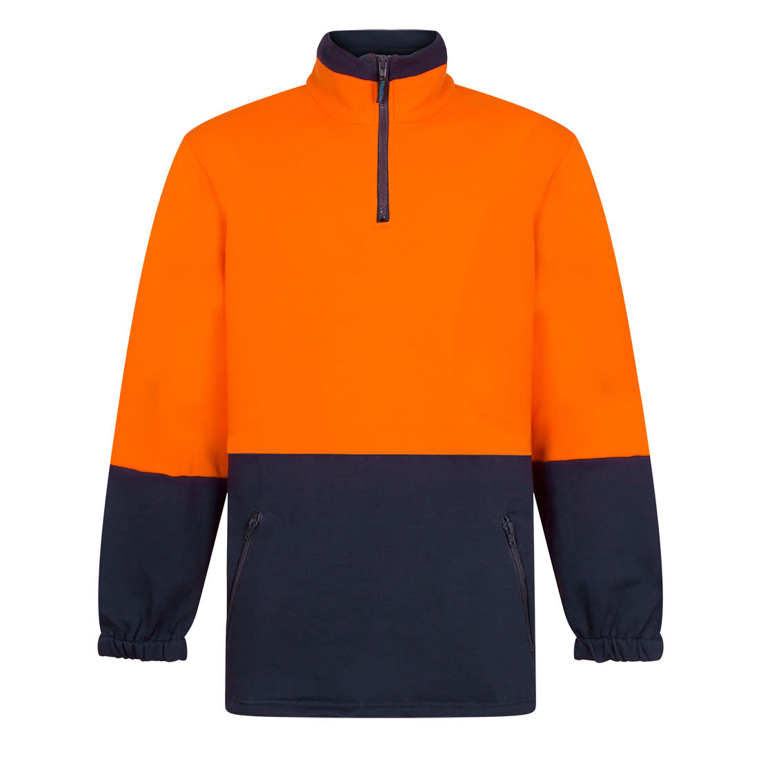 A cotton fleece jumper in bright orange and navy, featuring a zip neck and elasticated cuffs. It has a logo on it. Hi-Vis Contrast 1/4 Zip Class D Brush Fleece - Image 1