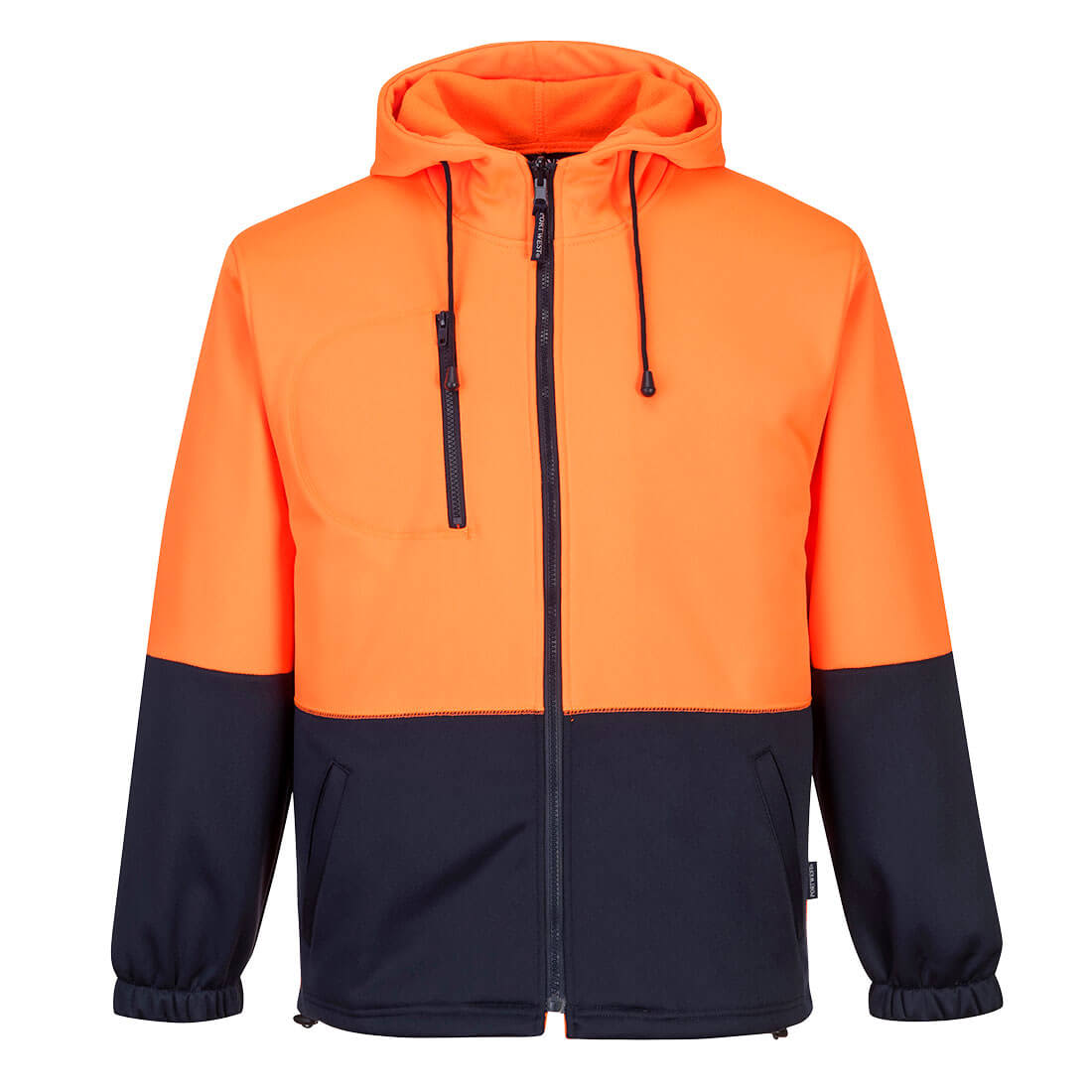 A fleece hoodie in bright orange and navy blue, featuring a front zip, pockets, and an adjustable hood. Hi-Vis Water Repellent Contrast Zipped Class D Hoodie - Image 1