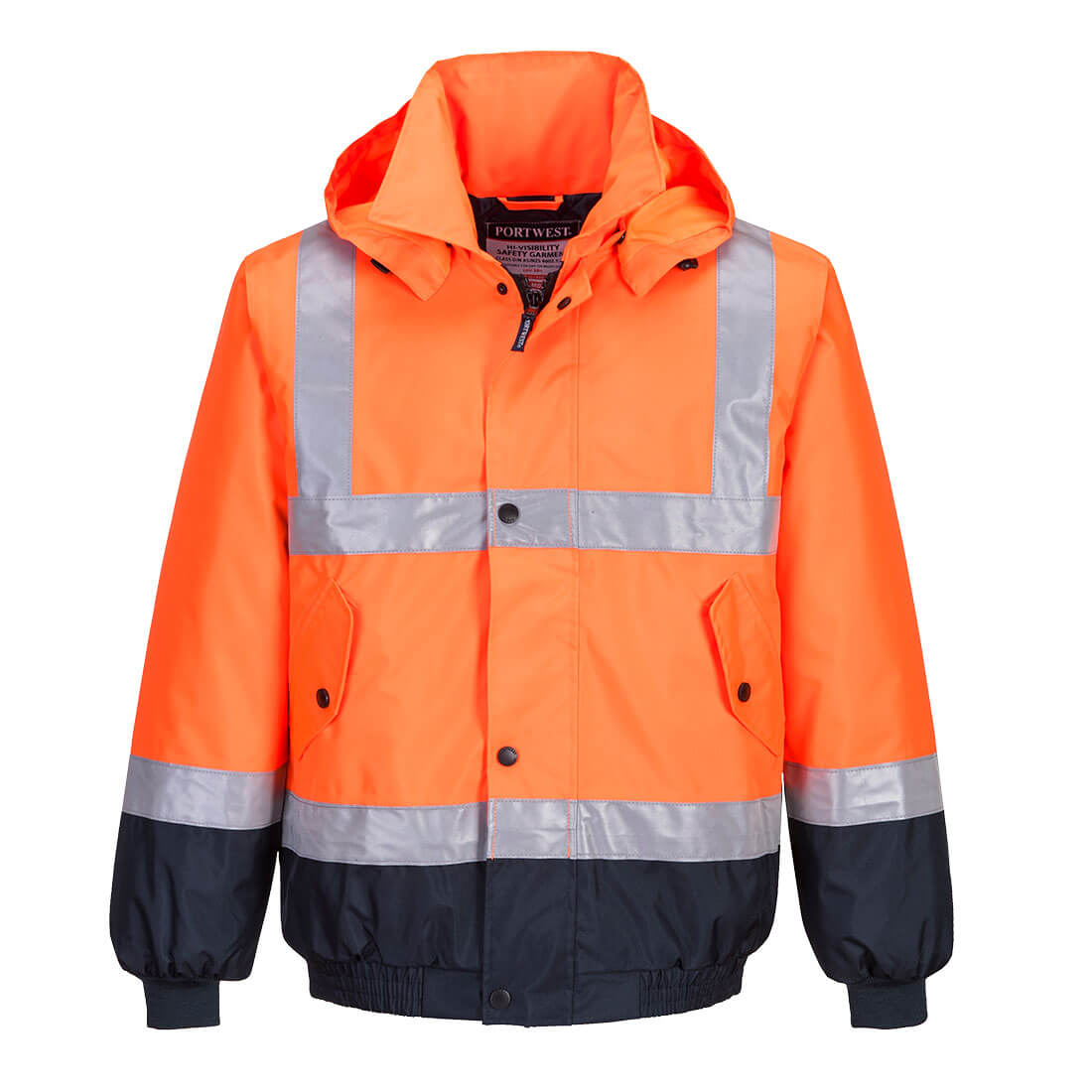 A high-visibility jacket in bright orange with reflective stripes and a navy blue lower section, featuring a hood and pockets. Hi-Vis Contrast Bomber Jacket - Image 1