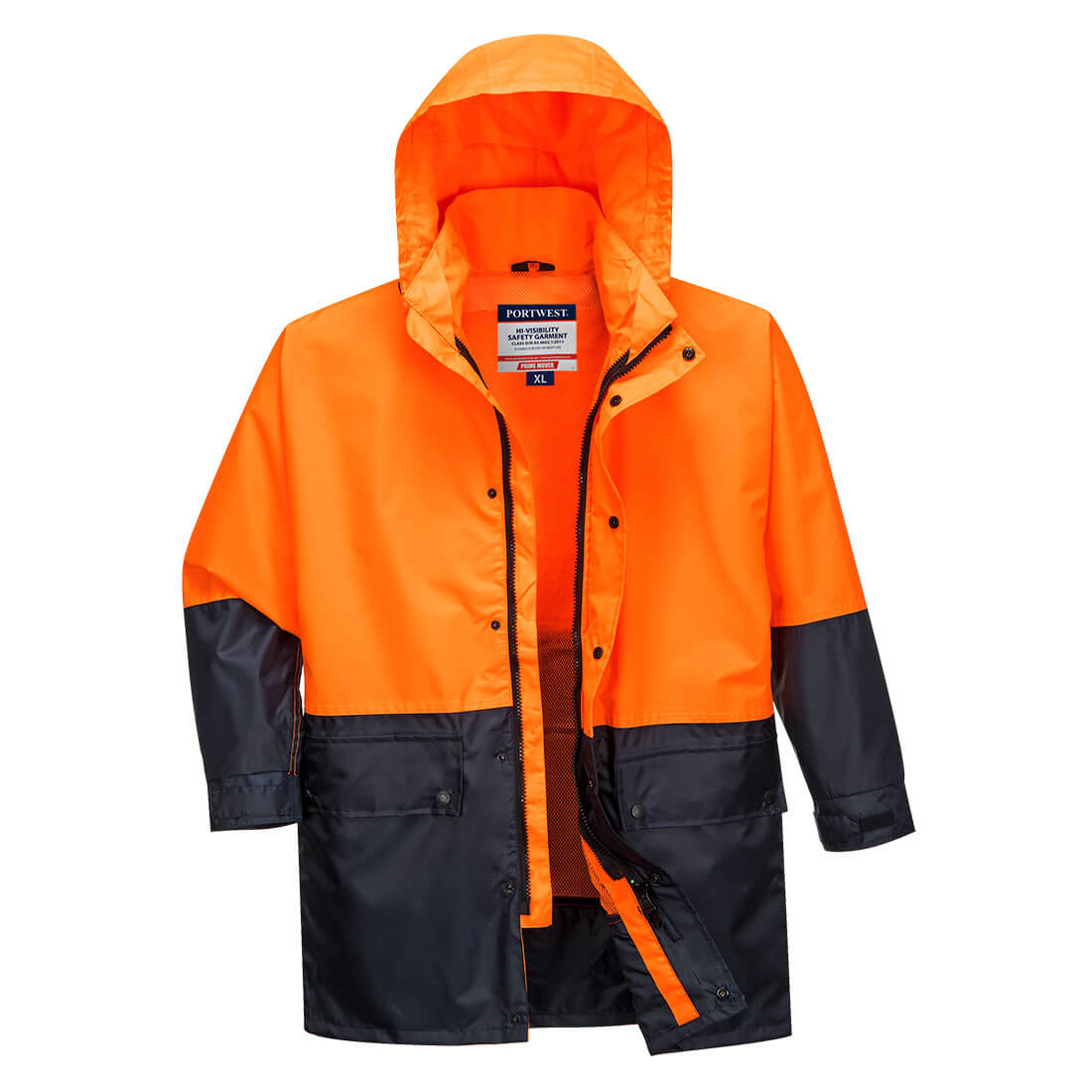 A two-tone jacket featuring bright orange and black colours, with a hood and a front zipper. It includes a branding logo. Kimberley Hi-Vis Contrast Class D Rain Traffic Jacket - Image 1