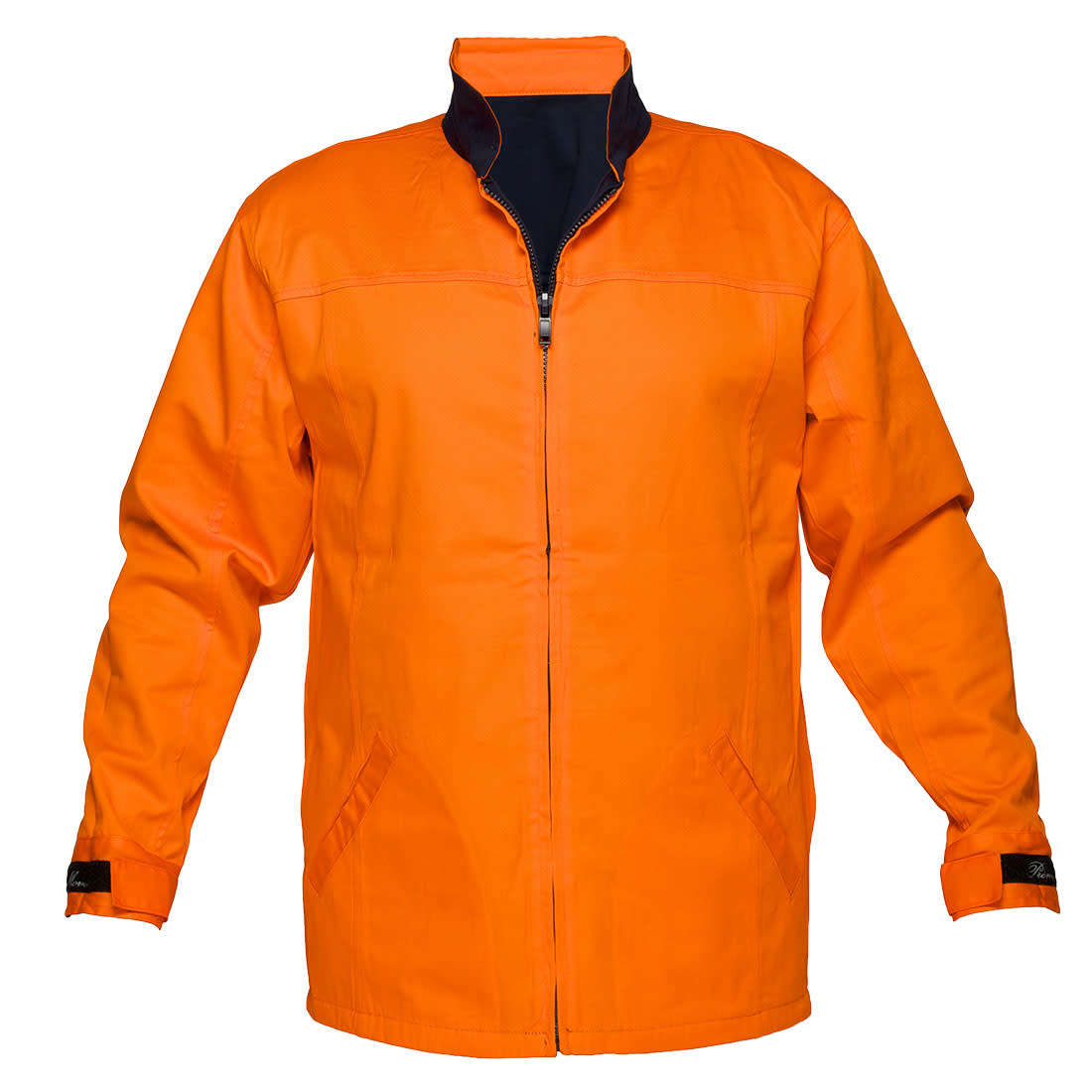 An orange jacket with a navy collar, featuring a zip front and side pockets, includes a logo on the sleeve. Hi-Vis Reversible Work Jacket - Image 1