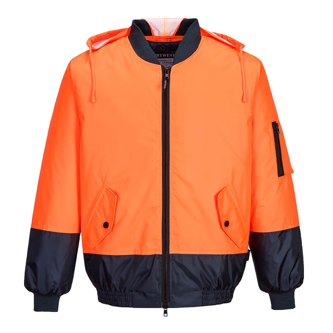 An orange bomber jacket with a black bottom section and hood, featuring zip pockets and a logo. Hi-Vis Contrast Class D Bomber Jacket - Image 1
