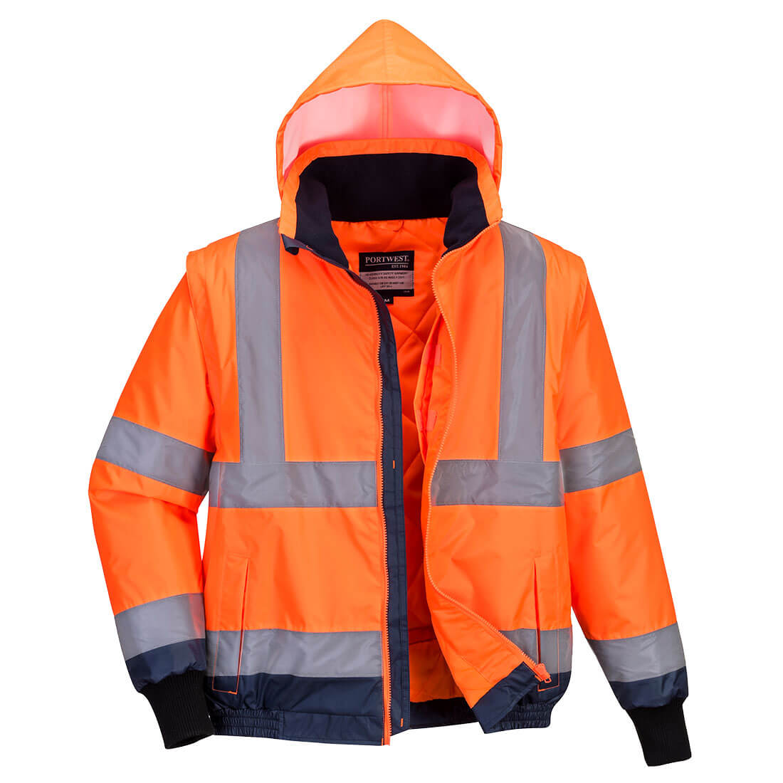 A Hi-Vis 2in1 bomber jacket featuring bright orange fabric with reflective strips and a hood, designed for safety wear. Hi-Vis 2-in-1 Contrast Essential Bomber Jacket - Image 1