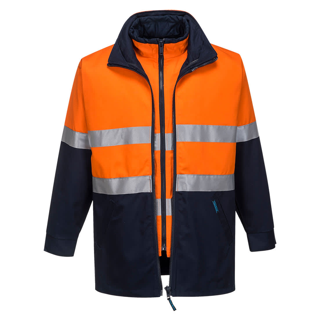 A high-visibility work jacket featuring orange and navy colours with reflective stripes and a zip front. Hume Hi-Vis 4-in-1 Contrast Work Jacket - Image 1