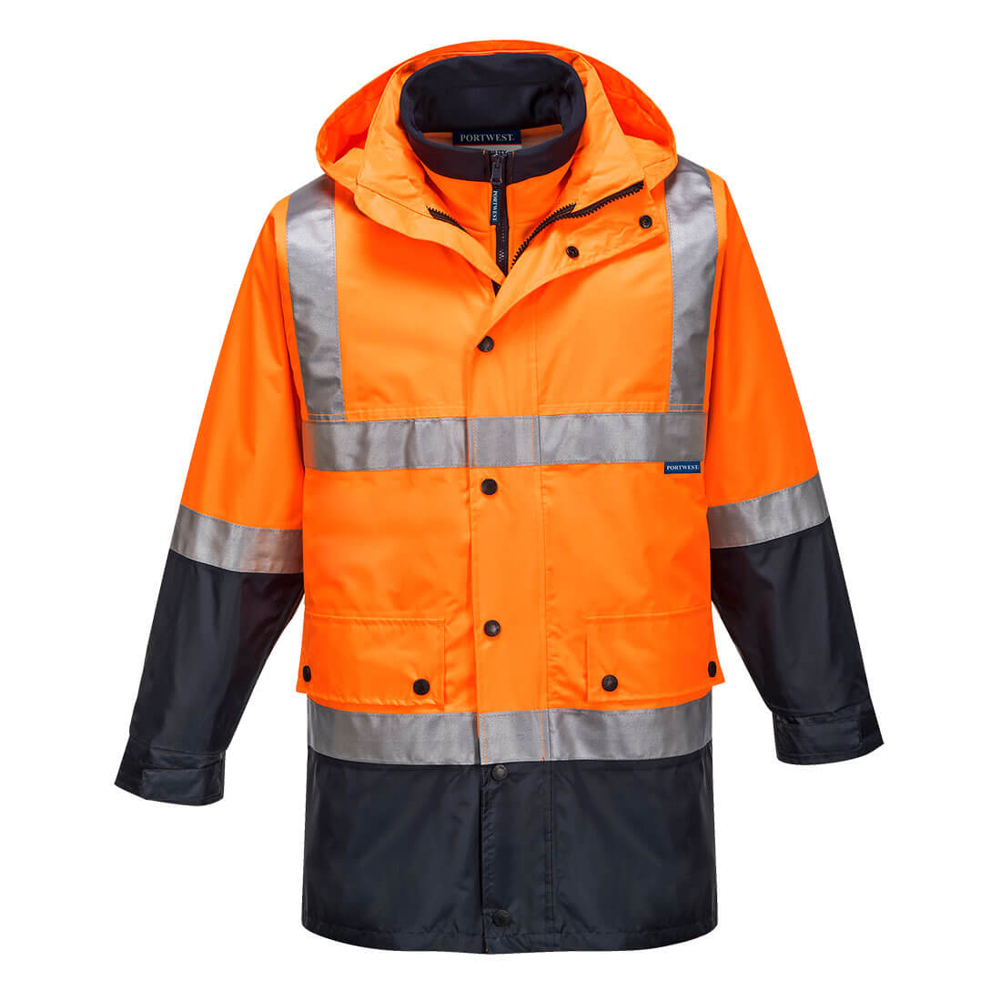 A Hi-Vis 4in1 jacket featuring bright orange and black colours, with reflective strips and a hood. It has a logo. Eyre Hi-Vis 4-in-1 Contrast Jacket - Image 1