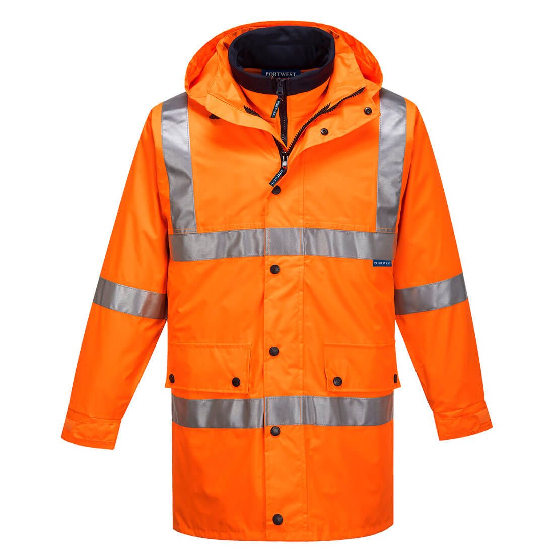 A hi-vis orange jacket with reflective stripes, featuring a hood and zip closure. Includes branding. Argyle Hi-Vis 4-in-1 Jacket - Image 1