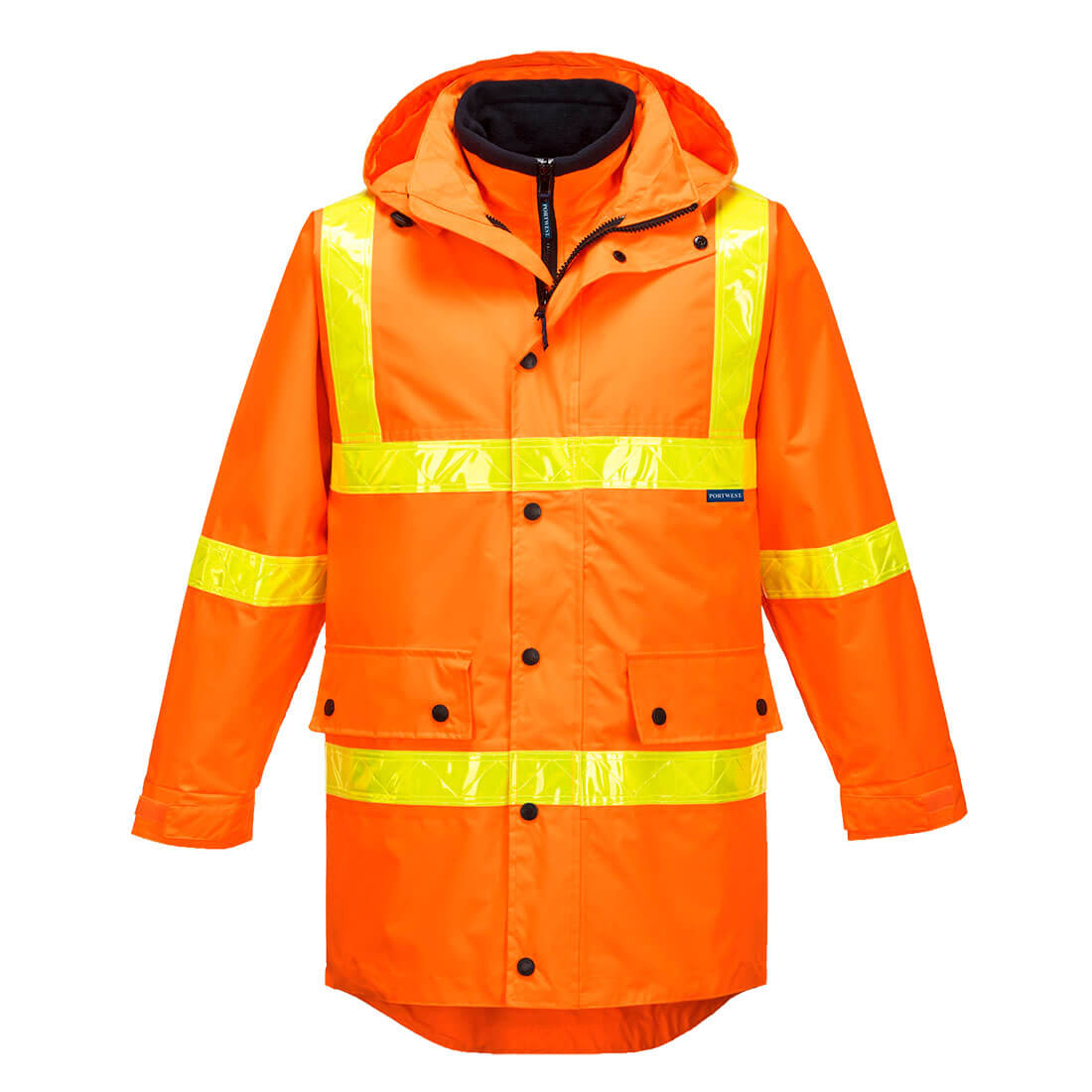 A bright orange Hi-Vis 4in1 jacket with reflective yellow stripes and a hood, featuring branding. Squizzy Hi-Vis Roads 4-in-1 Jacket - Image 1