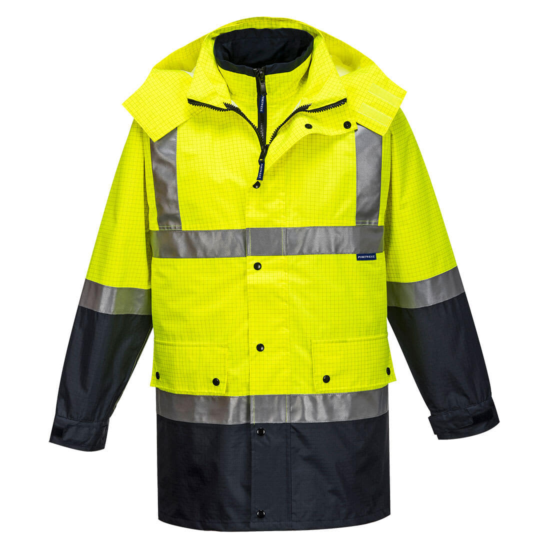A bright yellow and black antistatic work jacket featuring reflective strips and a hood. It has a logo on the front. Mackay Hi-Vis Anti-Static 4-in-1 Jacket - Image 1