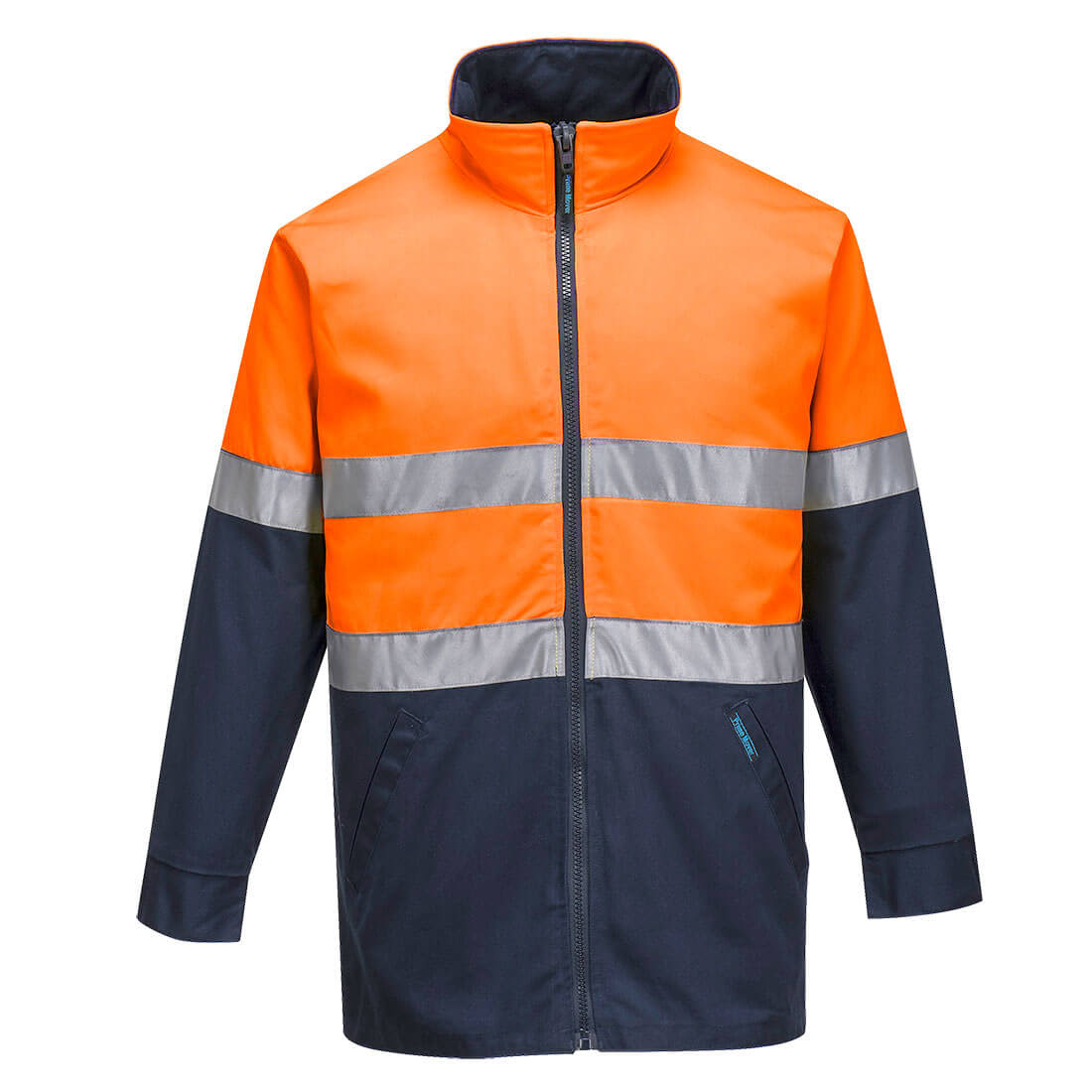 A high-visibility cotton drill jacket featuring orange and navy colours with reflective stripes and a front zip. Hume Hi-Vis Contrast Work Jacket - Image 1