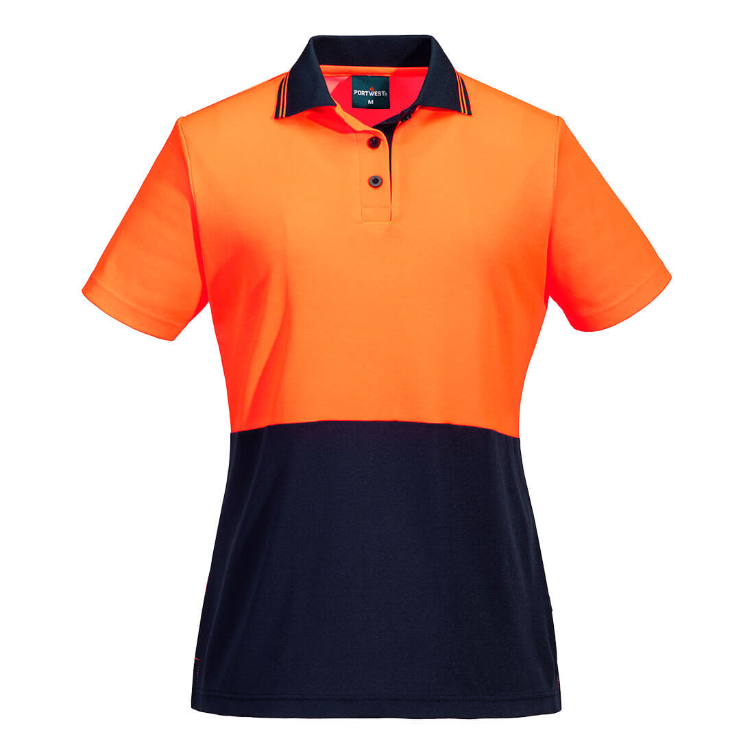 A short-sleeved polo shirt in high-visibility orange and navy with a logo on the chest. Hi-Vis Women's Cotton Comfort Contrast Class D Polo Shirt S/S - Image 1