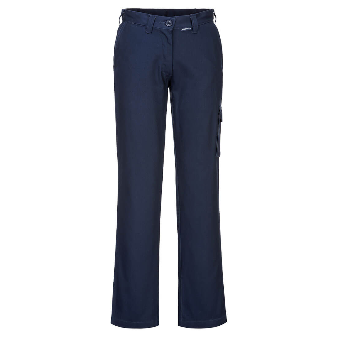 Navy blue ladies cargo pants featuring a straight leg design and a pocket on the side. Includes a logo. Women's Cargo Pants - Image 1
