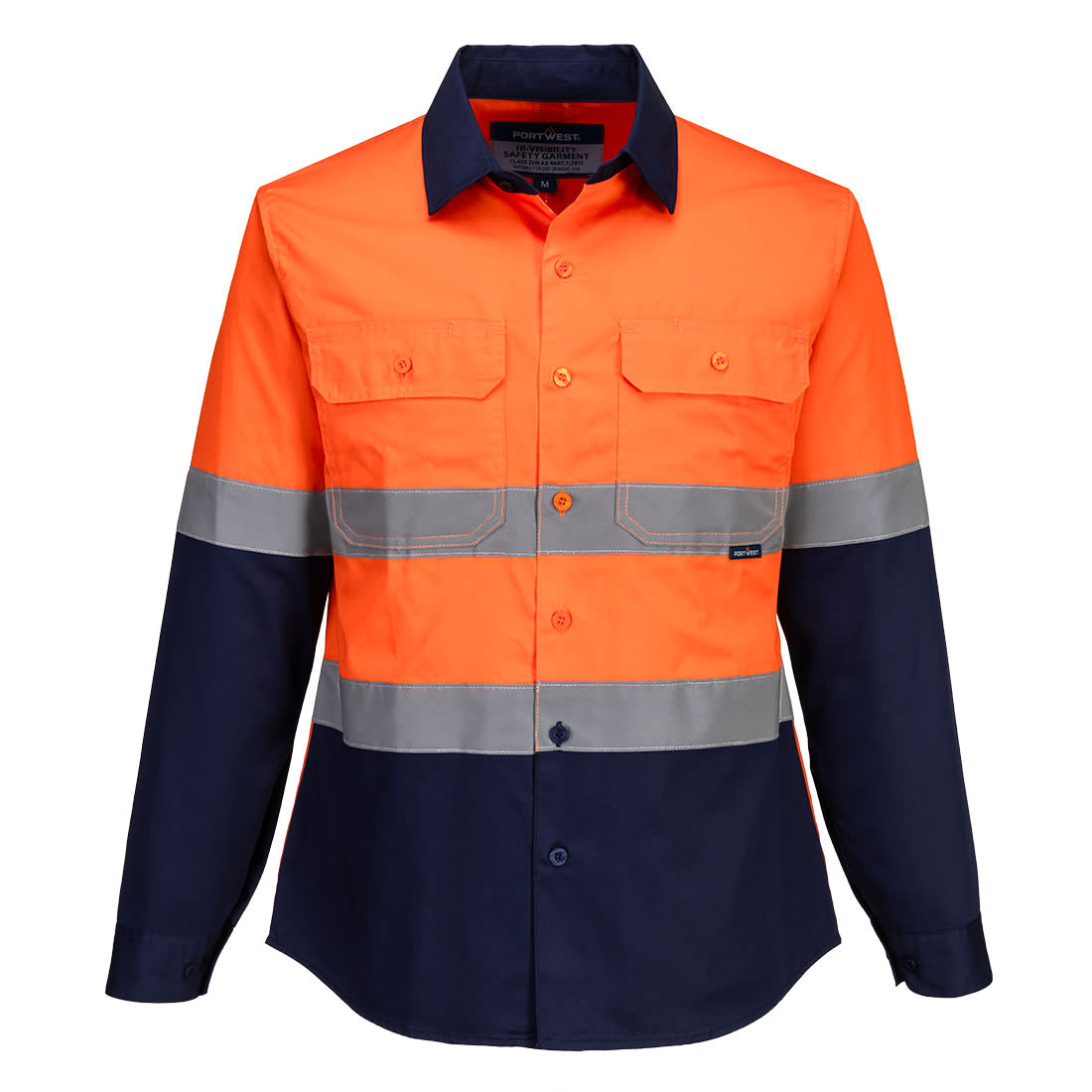 A bright orange and navy long-sleeve shirt with two pockets and reflective stripes. Features a logo on the chest. Hi-Vis Women's Lightweight Contrast Shirt L/S - Image 1