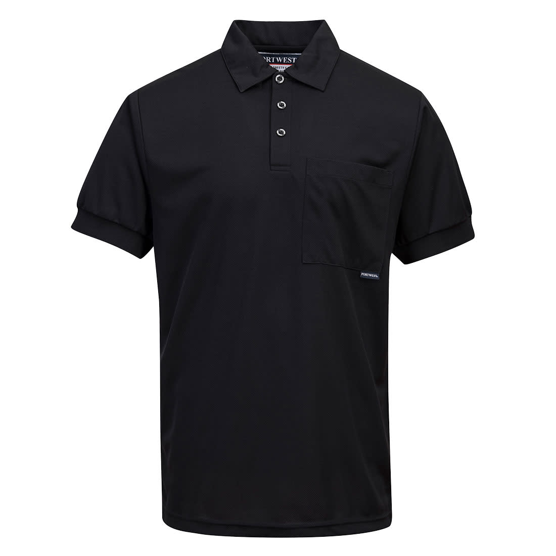 A black Micro Mesh Polo Shirt with short sleeves, featuring a pocket and a logo on the hem. Micro Mesh Polo Shirt S/S - Image 1