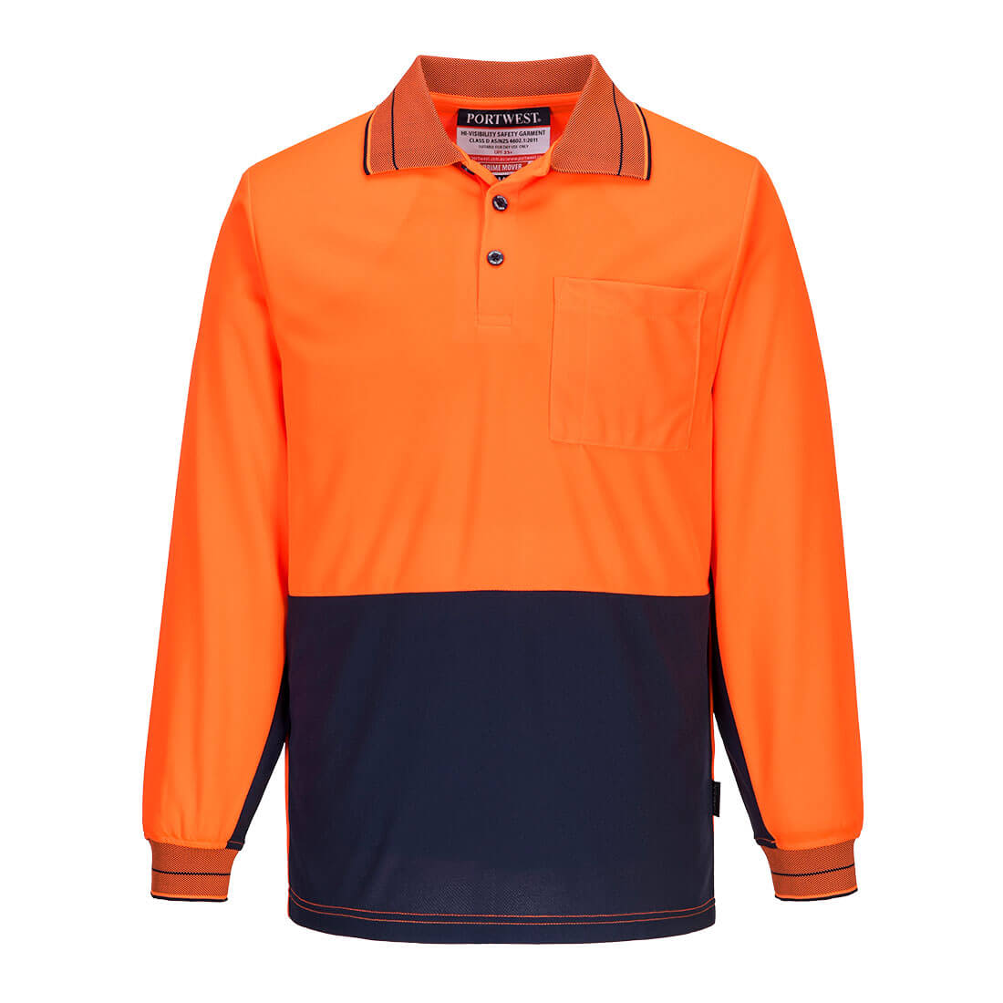 An orange and navy long-sleeve polo shirt with a collar and a chest pocket, featuring a logo. Hi-Vis Contrast Class D Polo Shirt L/S - Image 1