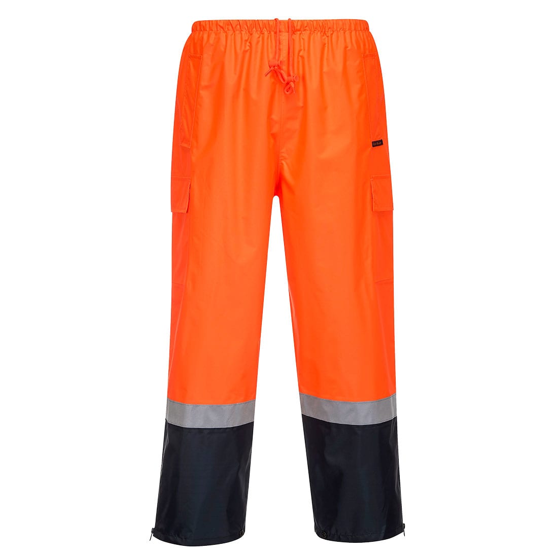 Bright orange cargo pants featuring reflective strips and black accents, designed for wet weather with multiple pockets. Hi-Vis Contrast Rain Pants - Image 1