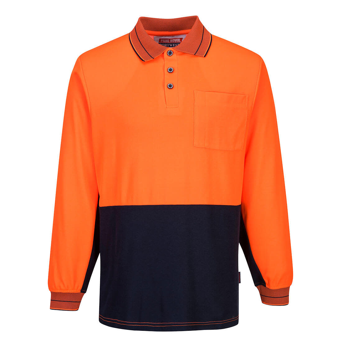 A long-sleeve polo shirt in bright orange and navy, featuring a front pocket and a logo on the collar. Hi-Vis Cotton Comfort Contrast Class D Polo Shirt L/S - Image 1