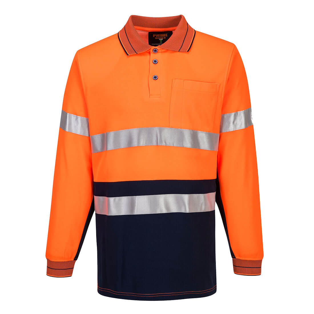 An orange and navy long-sleeve polo shirt featuring reflective stripes and a pocket. It has a logo on the chest. Cotton Comfort Polo Shirt with Tape L/S - Image 1
