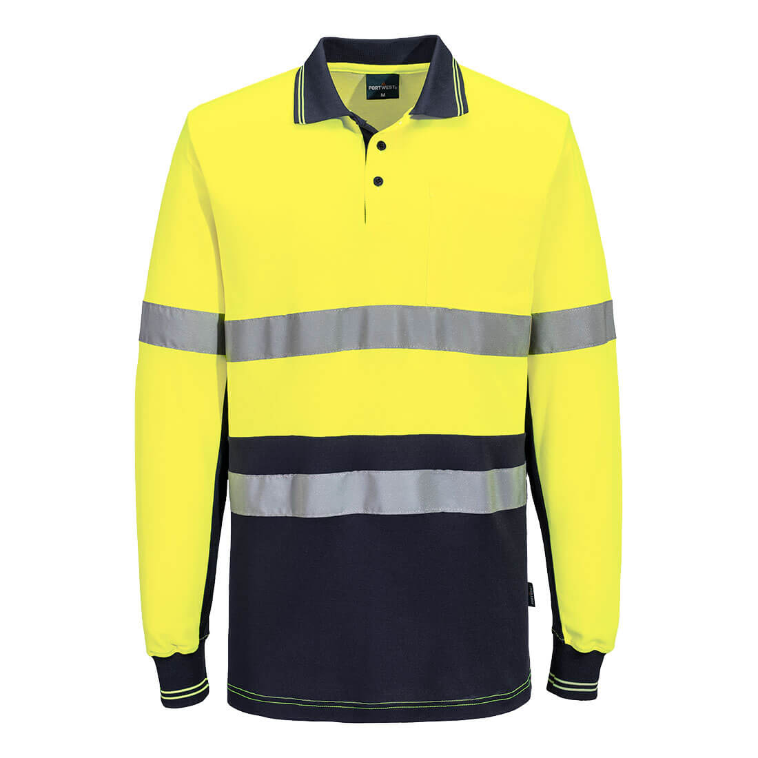 A long-sleeve polo shirt in hi-vis yellow with contrasting navy and reflective stripes, featuring a collar and button placket. Hi-Vis Class D/N Cotton Comfort Contrast Polo Shirt L/S - Image 1