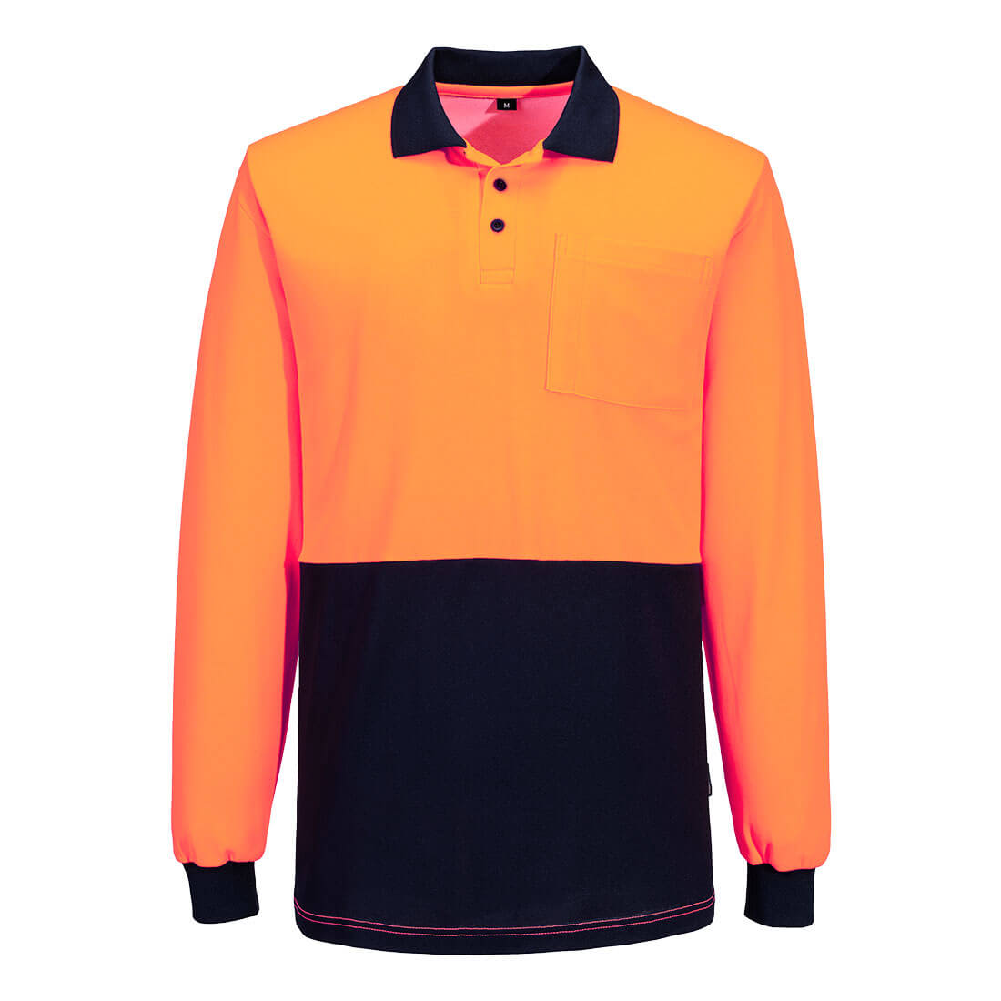 A long-sleeve polo shirt in hi-vis orange with a navy blue contrast panel and a chest pocket. It includes a logo. Hi-Vis Cotton Comfort Contrast Class D Polo Shirt L/S - Image 1