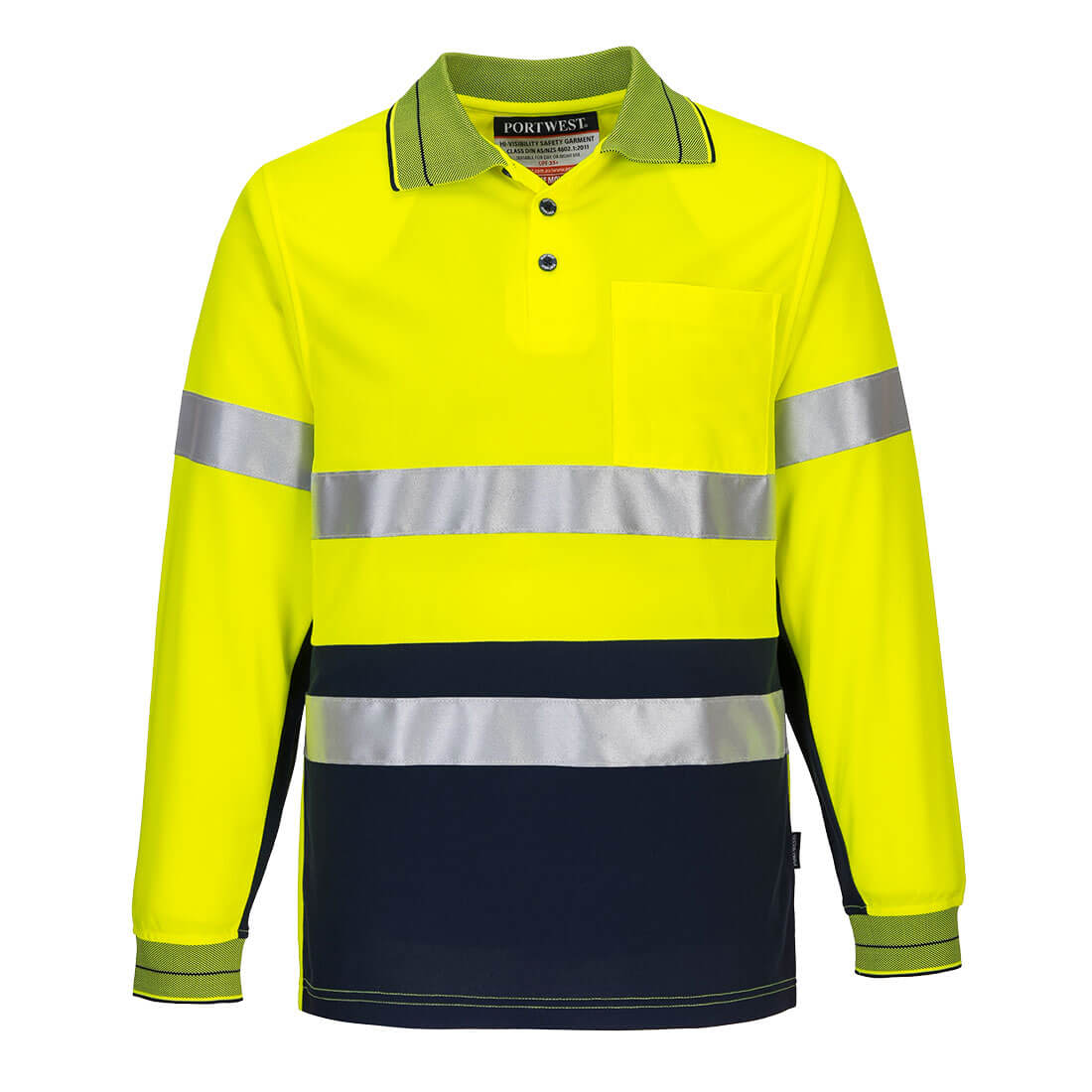A bright yellow long-sleeve polo shirt featuring reflective stripes and dark navy accents, with a pocket and branding. Hi-Vis Contrast Polo Shirt L/S - Image 1