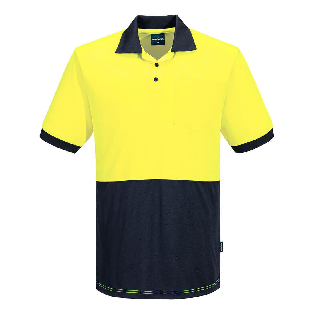 A short-sleeved polo shirt featuring high visibility yellow with a navy blue contrast at the bottom and collar. Hi Vis Class D Contrast Polo Shirt S/S - Image 1