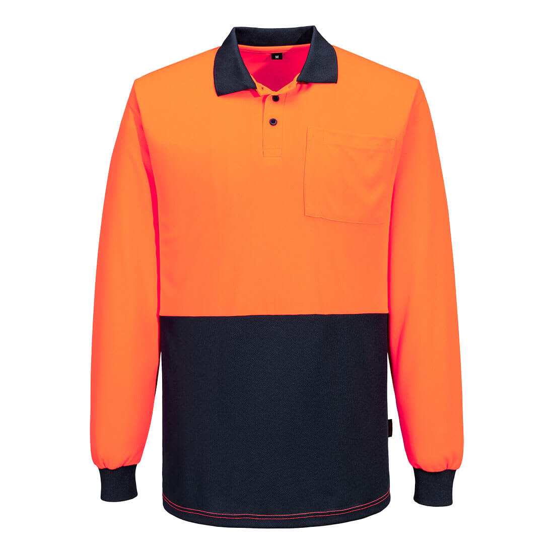 A long-sleeved polo shirt featuring high-visibility orange and navy colours, with a pocket on the front and a logo. Hi-Vis Contrast Class D Polo Shirt L/S - Image 1