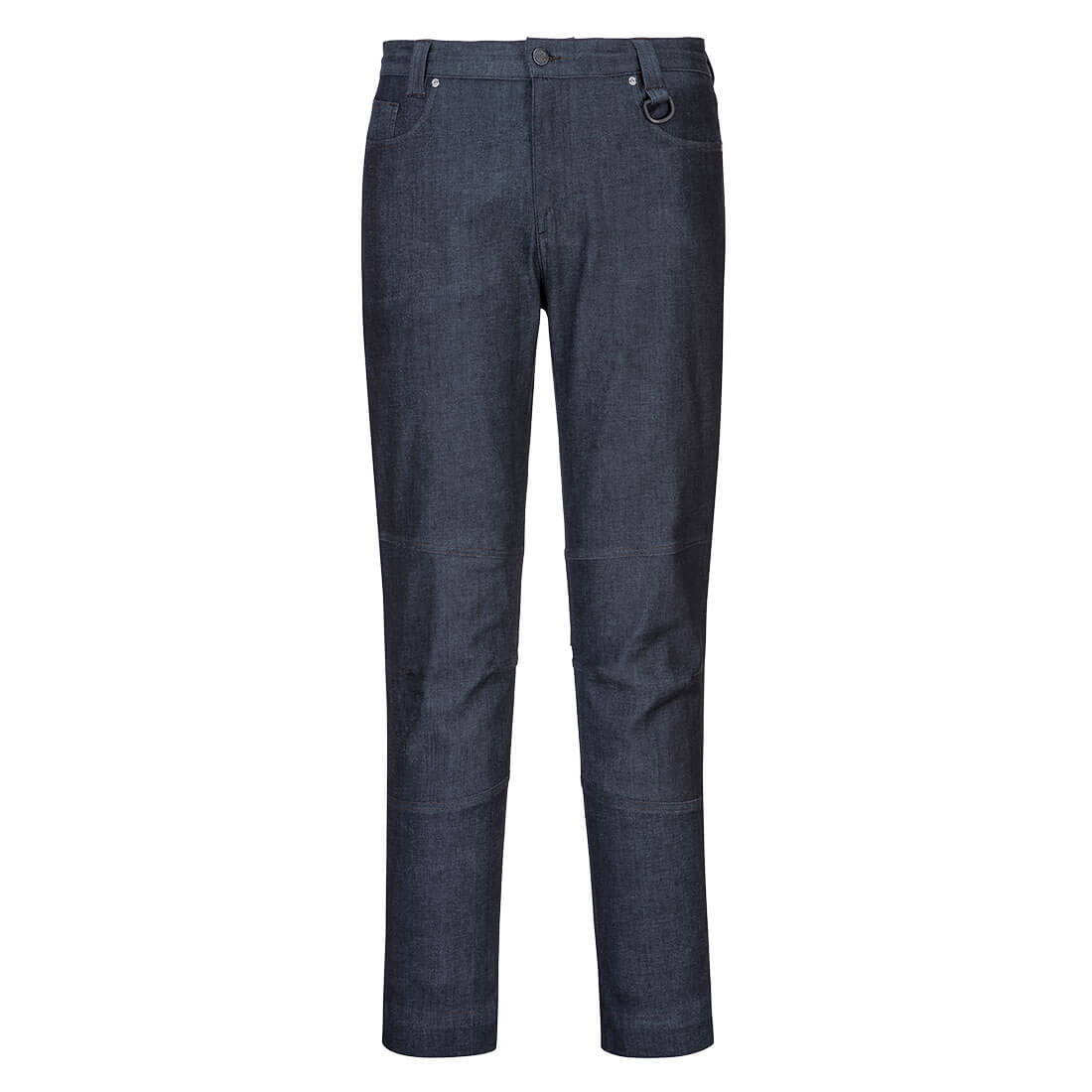 Denim slim fit work pants in dark blue with a classic five-pocket design and a belt loop. Features a logo. KX3 Denim Stretch Slim Fit Work Pants - Image 1