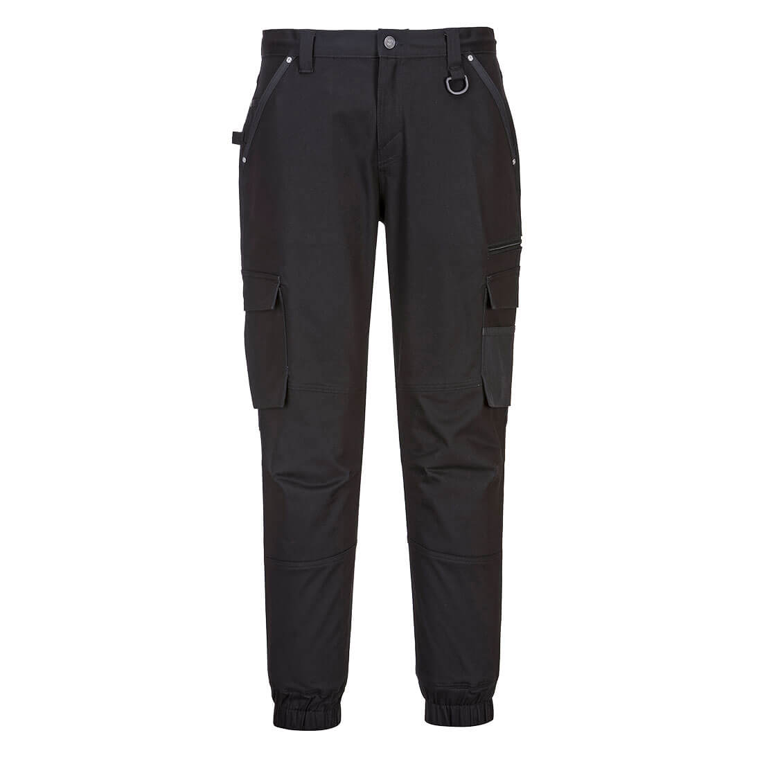 Cuffed slim fit work pants in black with side pockets and elastic cuffs. Features a logo on the waistband. KX3 Stretch Slim Fit Cuffed Work Pants - Image 1