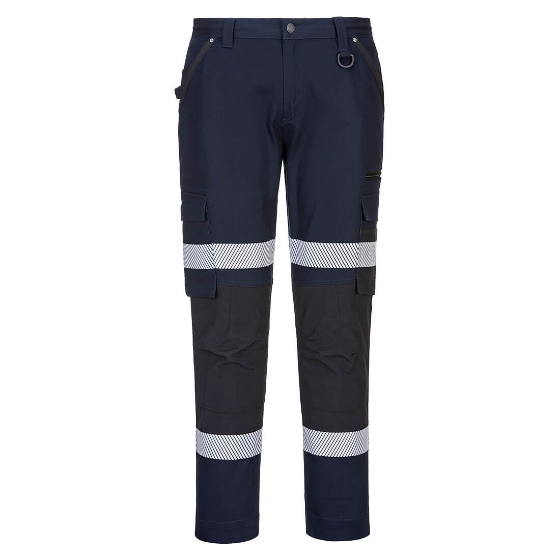 Slim fit stretch pants in navy and black with reflective striped details. Features multiple pockets and a logo. Slim Fit Stretch Bio Motion Pants - Image 1